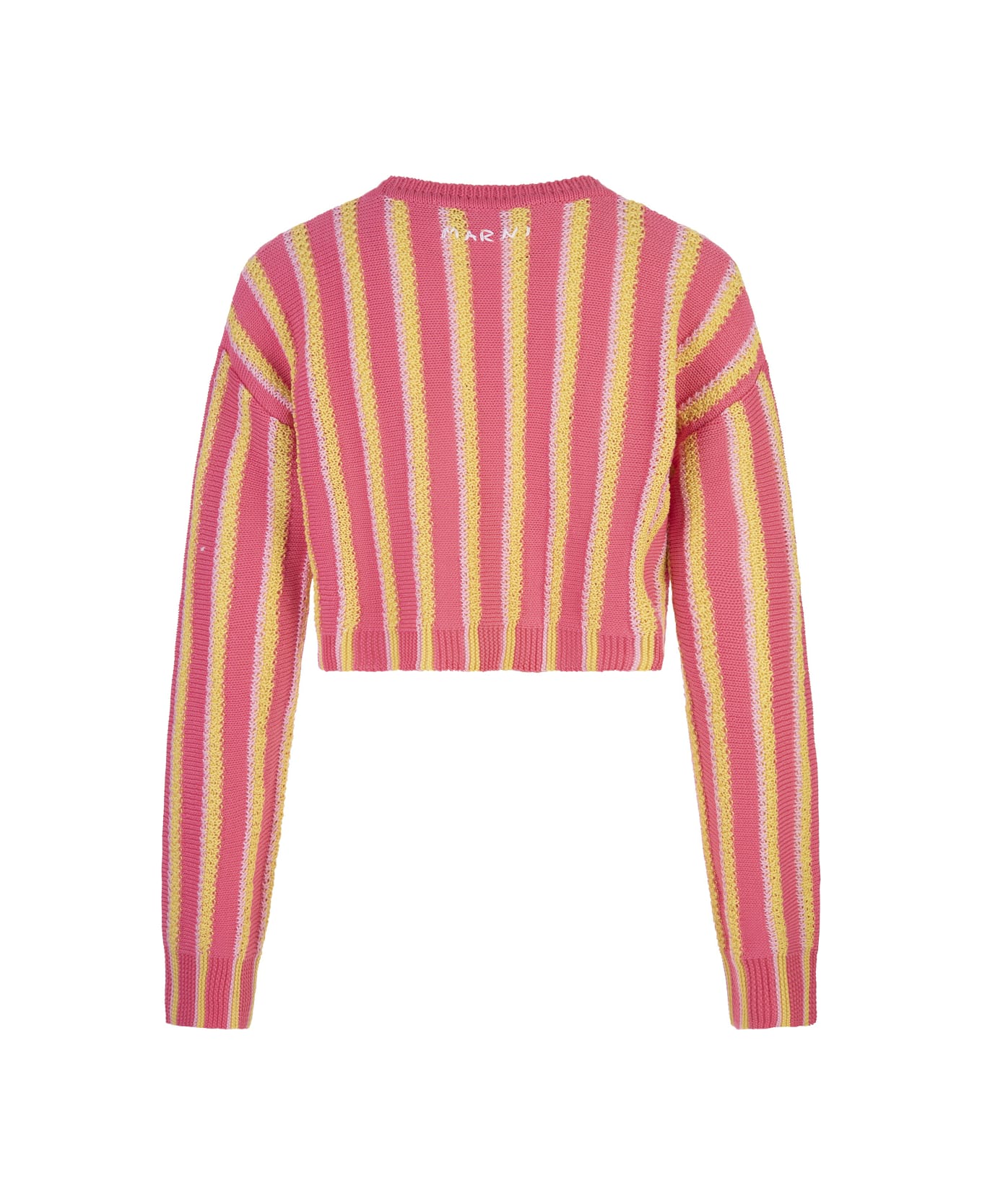 Marni Pink, Yellow And White Striped Knitted Crop Pullover - Pink ニットウェア