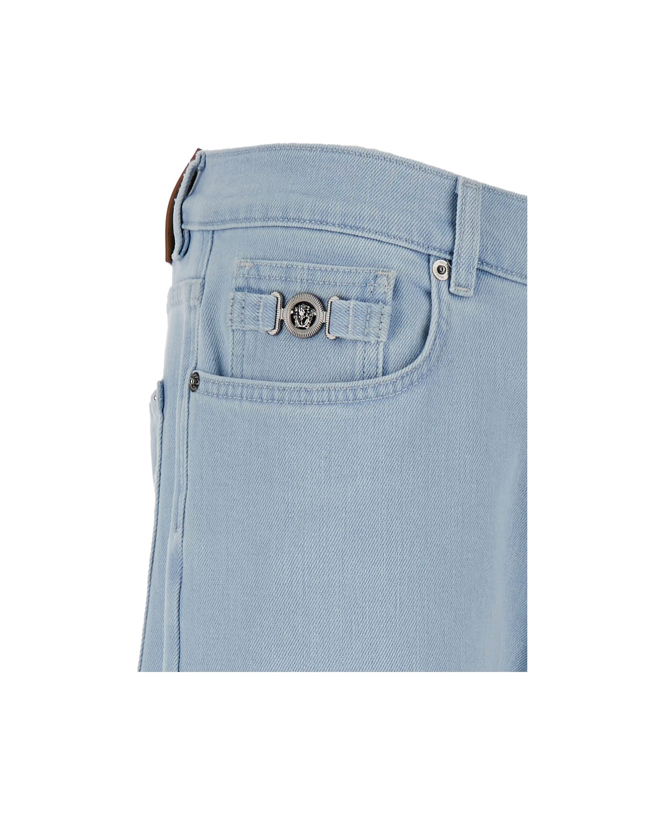 Versace Light Blue Skinny Jeans With Logo Patch In Denim Man - Light blue デニム