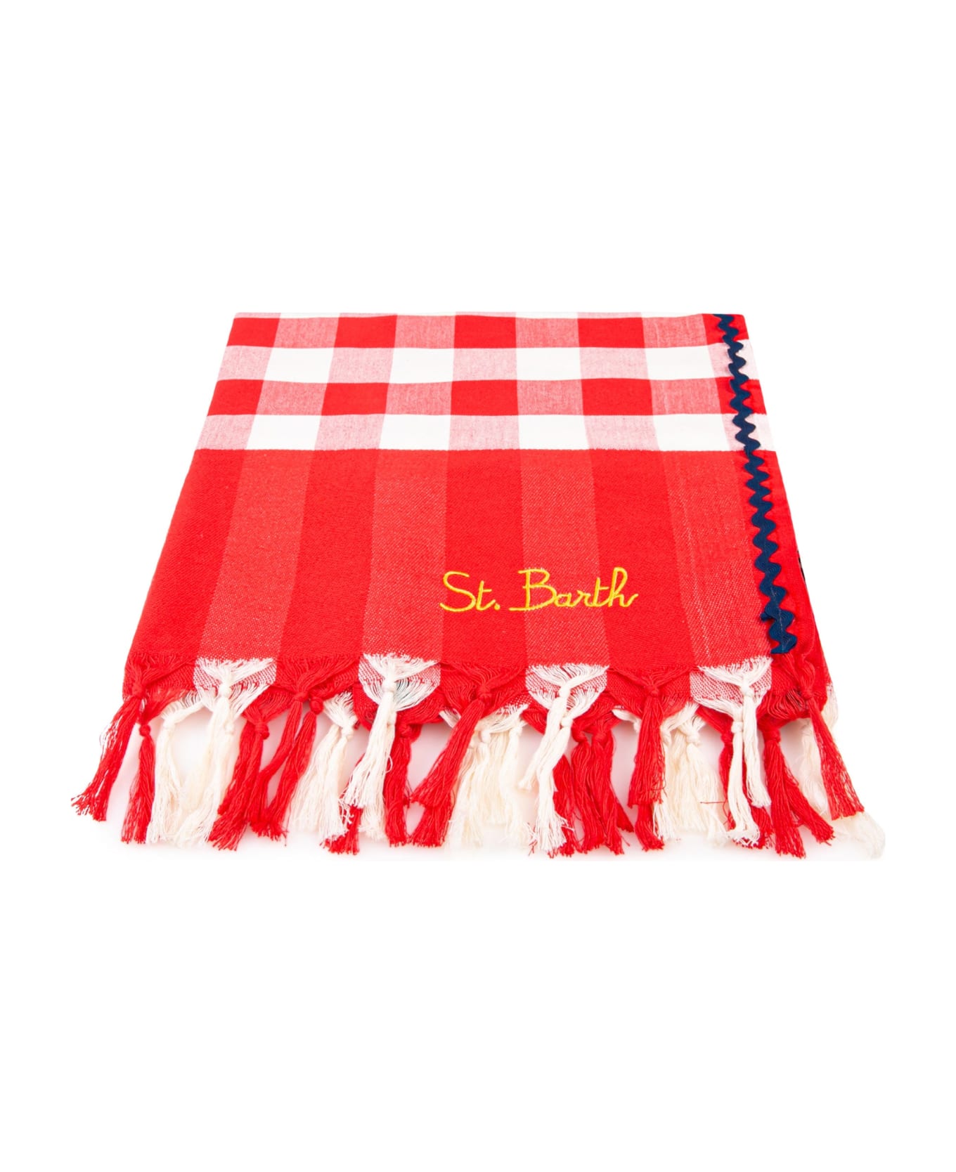 MC2 Saint Barth Fouta With Navy Blue Wave Trim And Gingham Print - RED