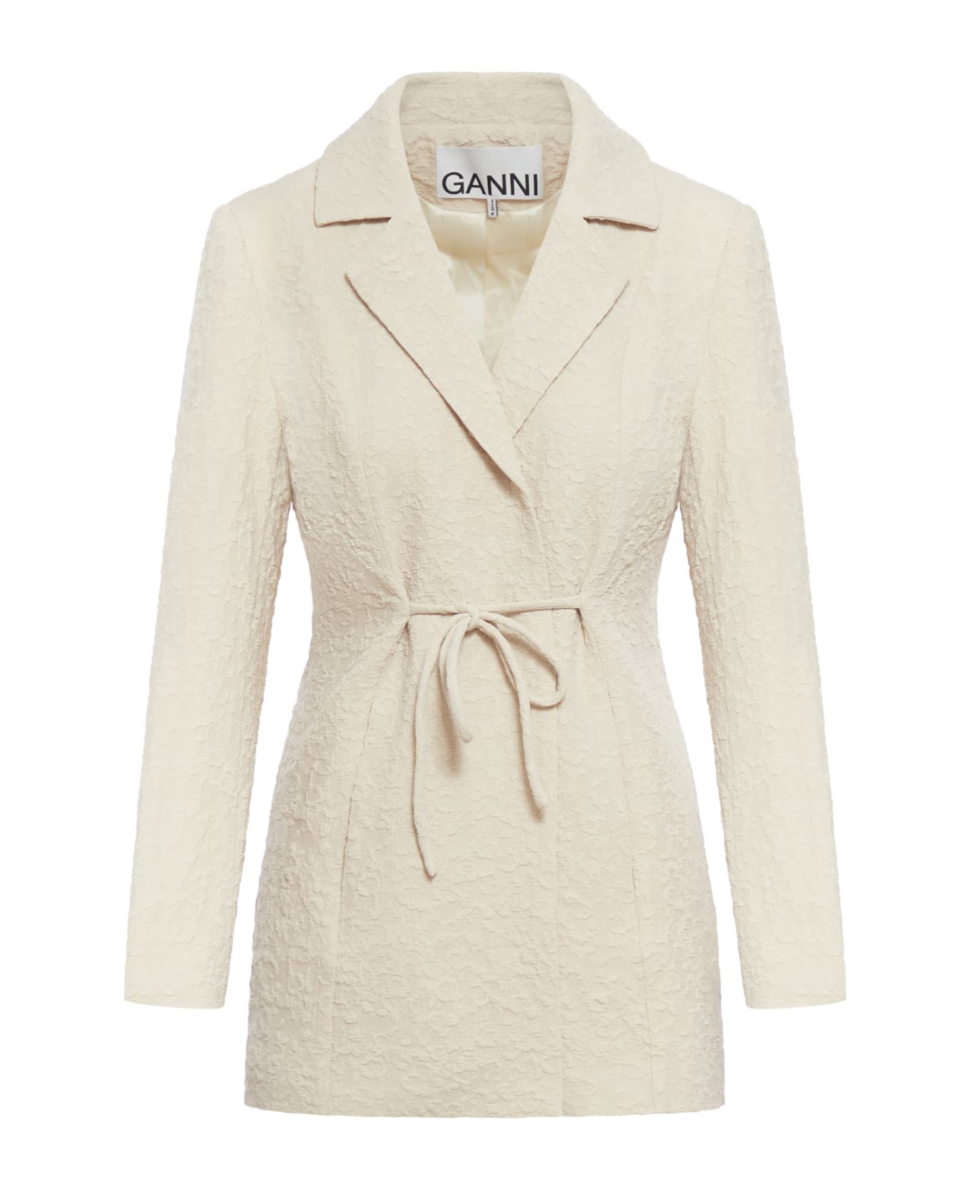 Ganni Textured Suiting Tiestring Blazer - Oyster Gray