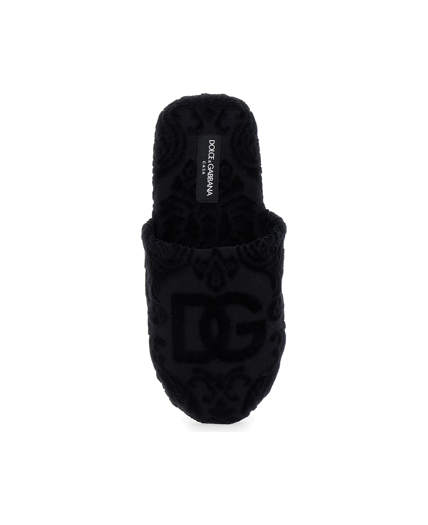 Dolce & Gabbana Black Slippers With Dg Logo Jacquard In Cotton Terry - Black フラットシューズ