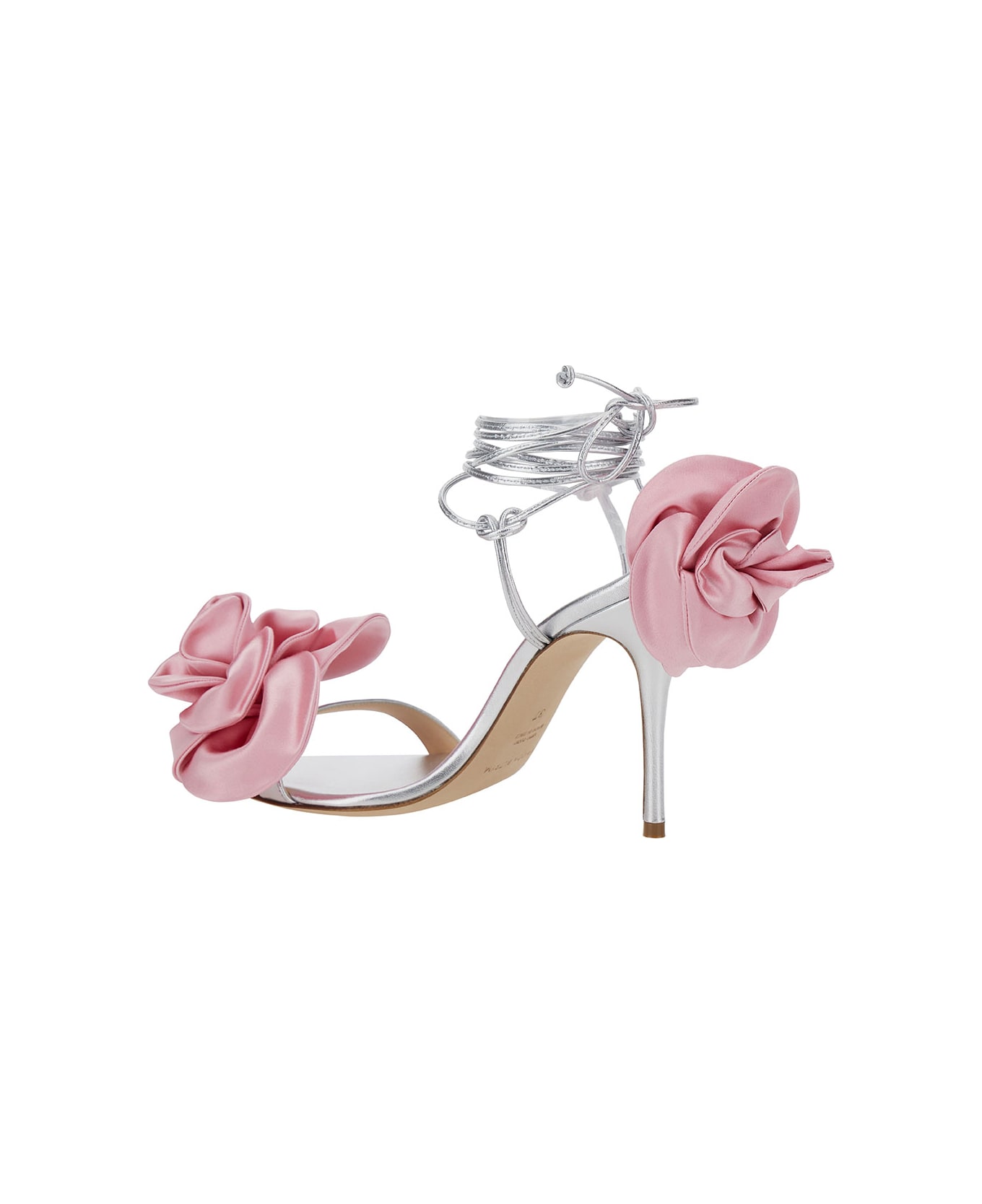 Magda Butrym Silver Strappy Sandals With 3d Flower In Silk Blend Woman - Metallic