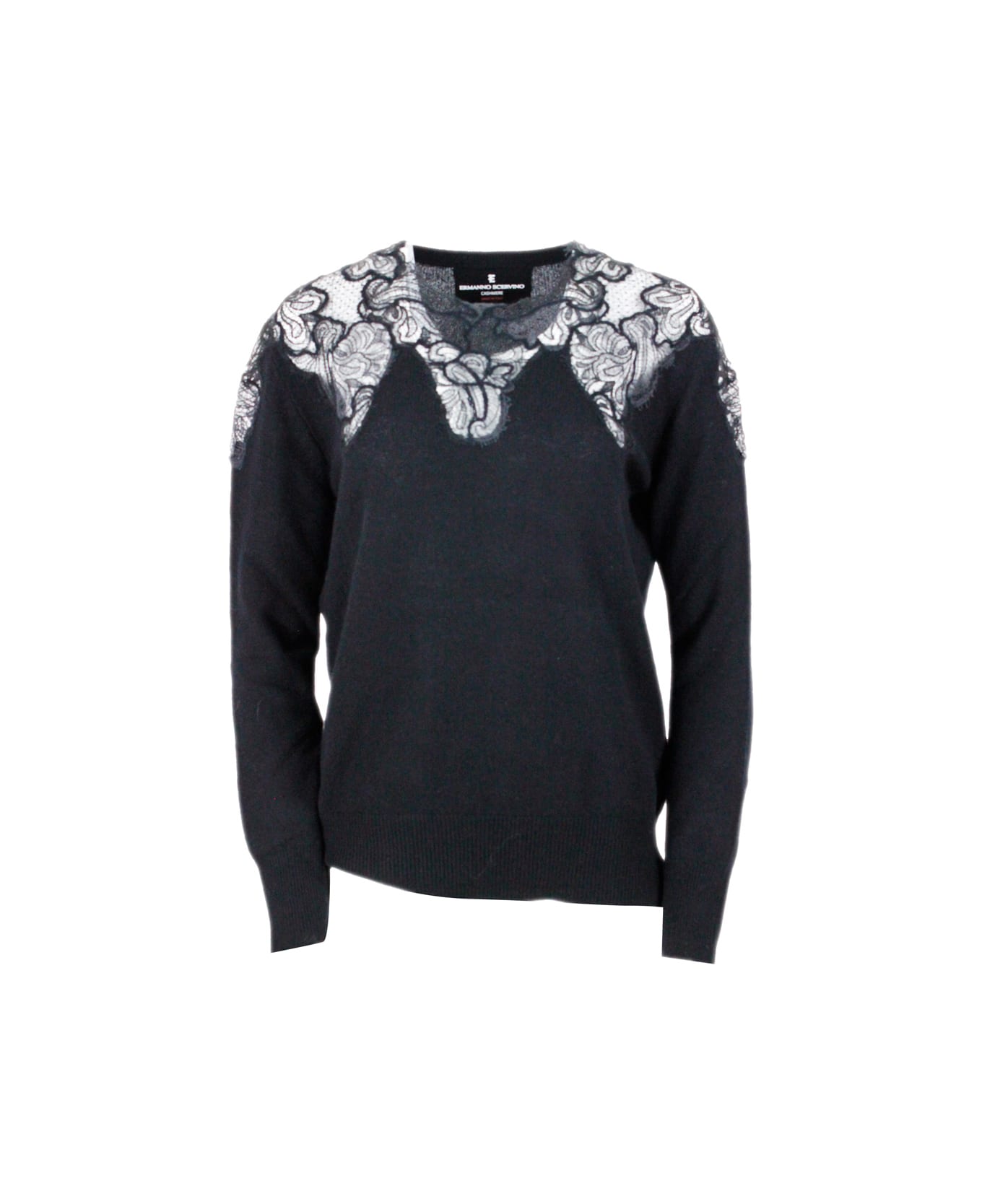 Ermanno Scervino Crewneck Sweater With Lace - Black ニットウェア