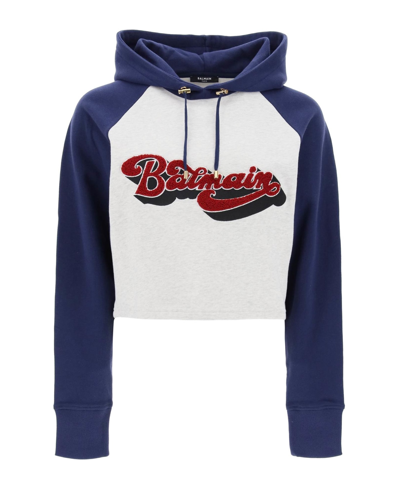 Balmain 70's Cropped Hoodie - GRIS CHINE MARINE ROUGE FONCE (Blue)