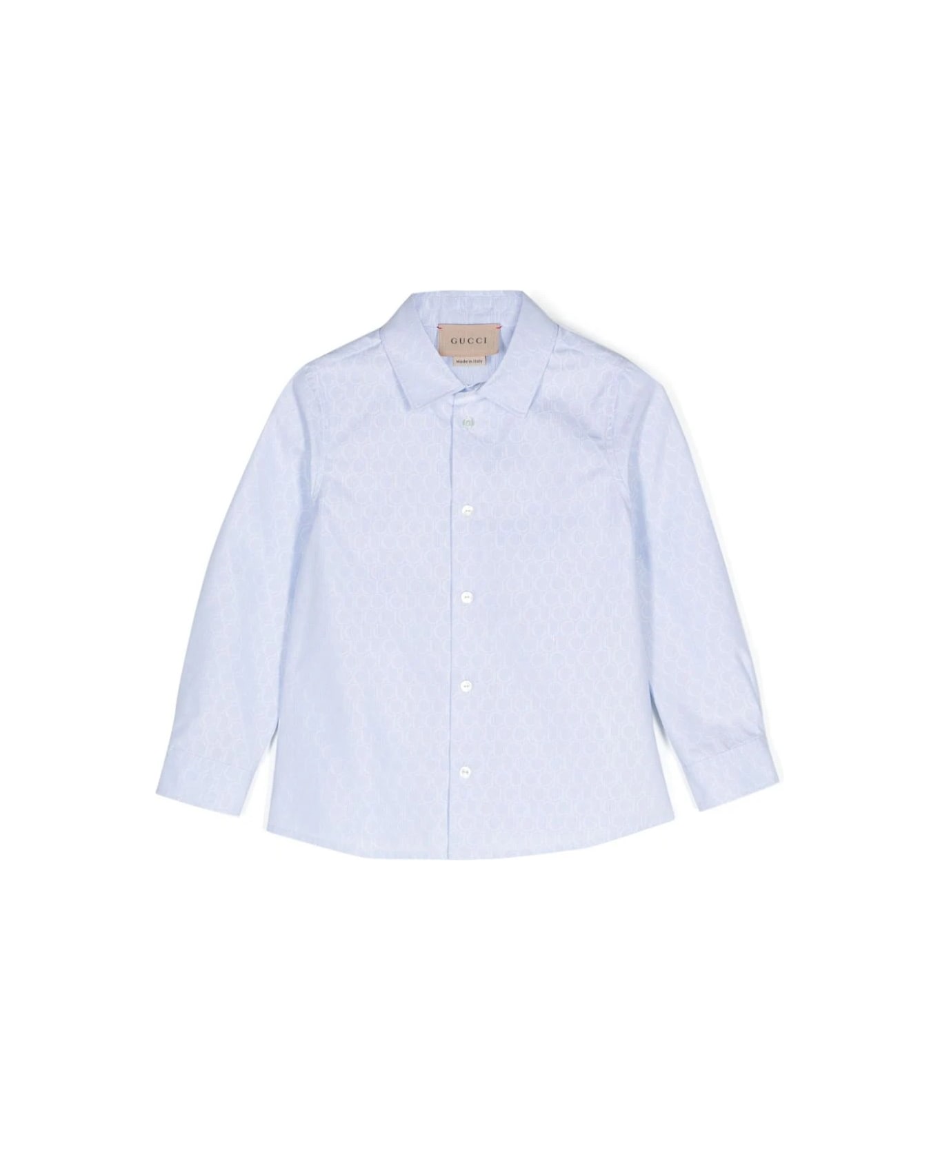 Gucci Light Blue Cotton Shirt With All-over Gucci Motif - Blue