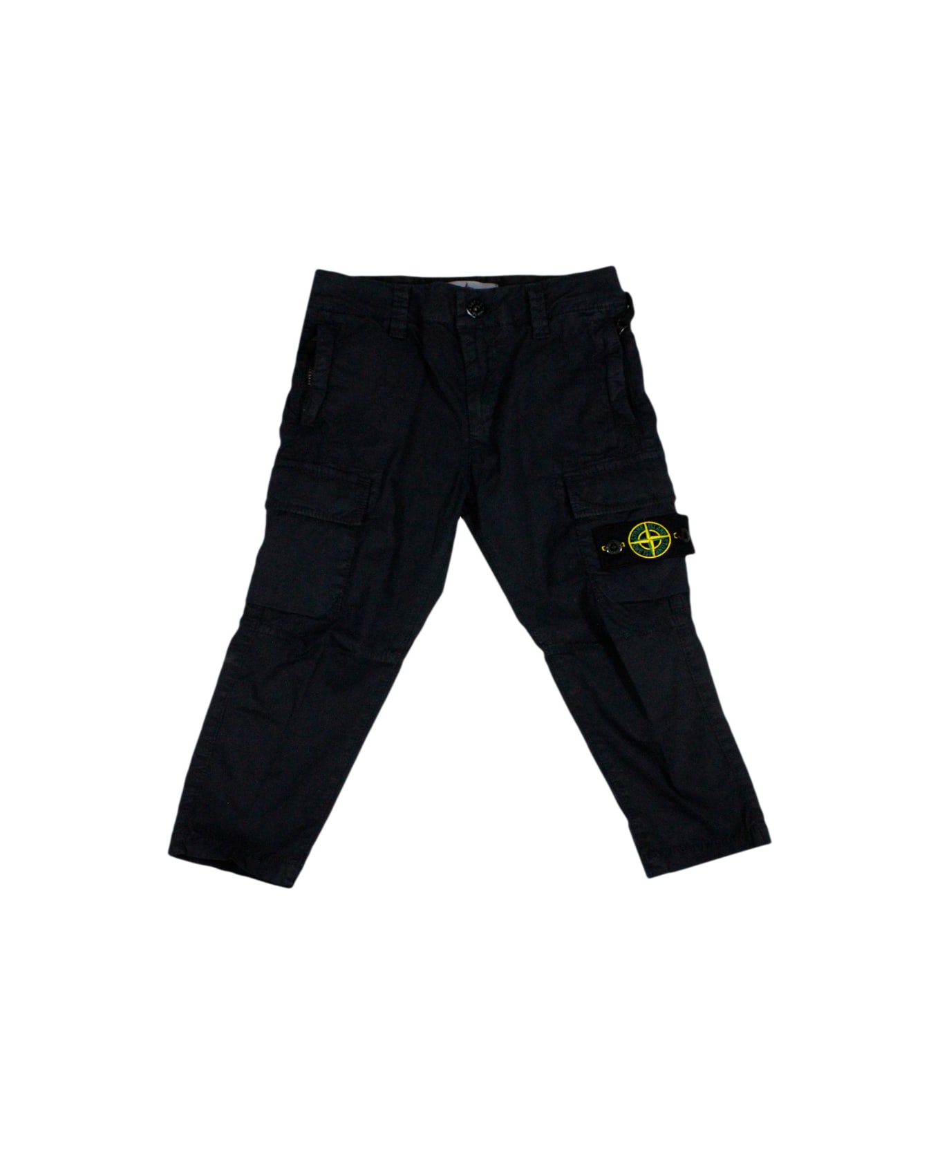 Stone Island Junior Stretch Cotton Cargo Trousers With Pockets And Logo On The Leg Pocket - Blu