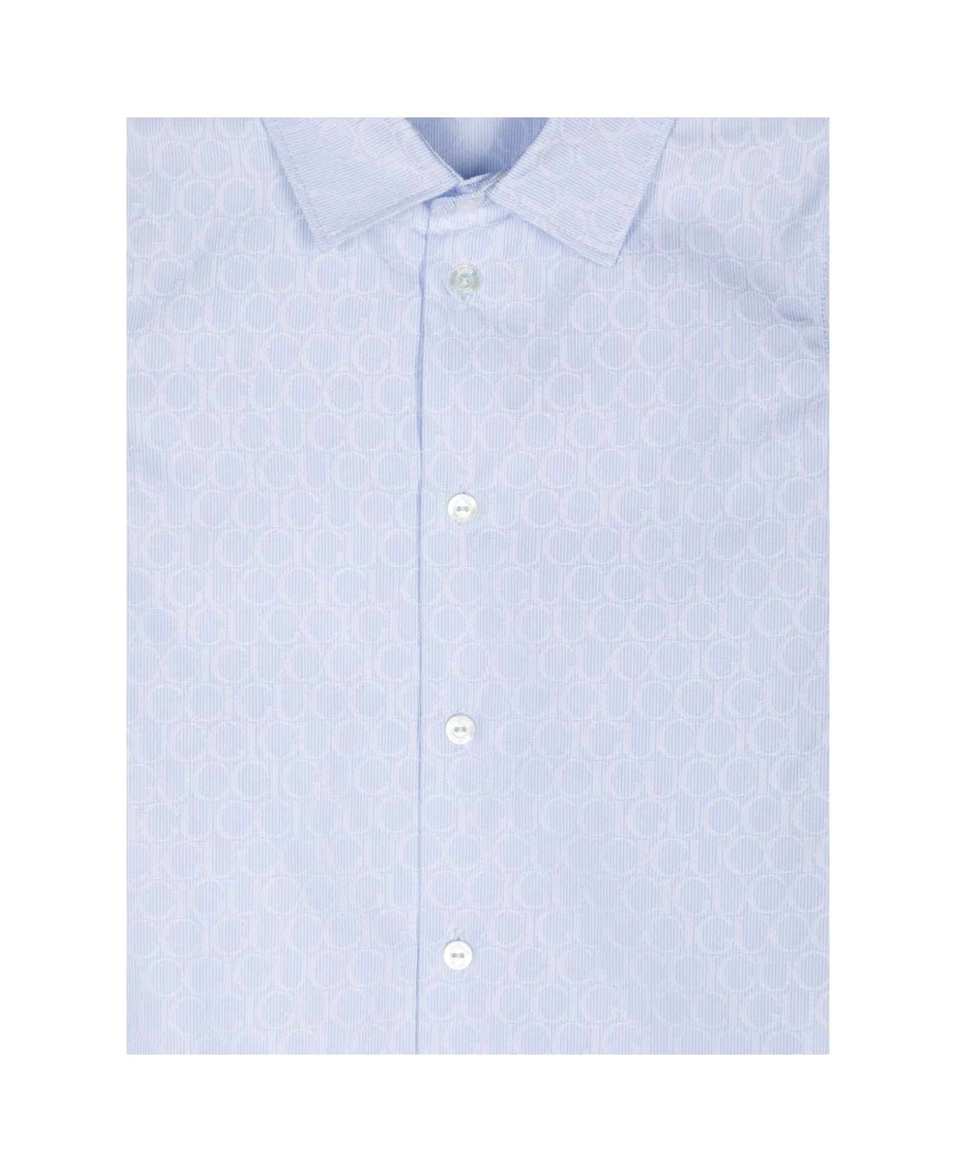 Gucci Light Blue Cotton Shirt With All-over Gucci Motif - Blue