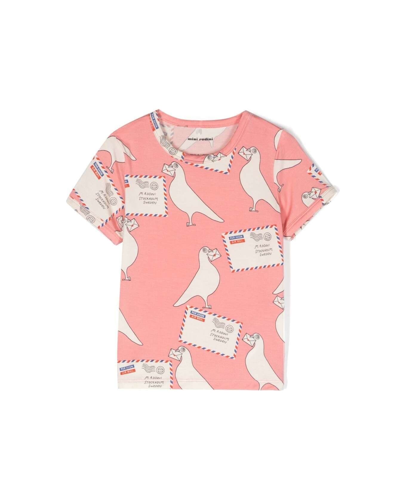 Mini Rodini Pink Crewneck T-shirt With All-over Pigeons Print In Stretch Fabric Girl - Pink Tシャツ＆ポロシャツ