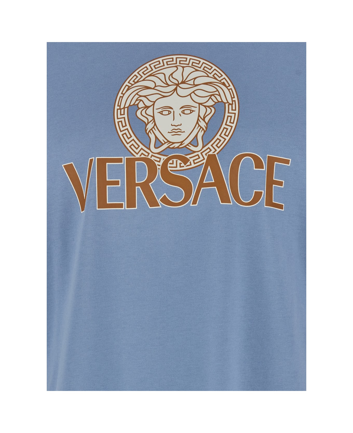 Versace Light Blue Crewneck T-shirt With Maxi Medusa Print With Logo Lettering On The Front In Cotton Man - Light blue
