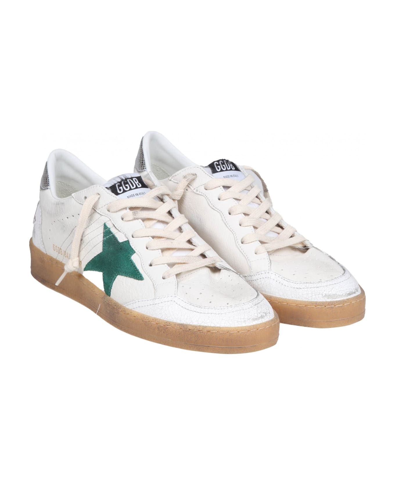 Golden Goose Ball Star In White And Green Nappa - White/Green