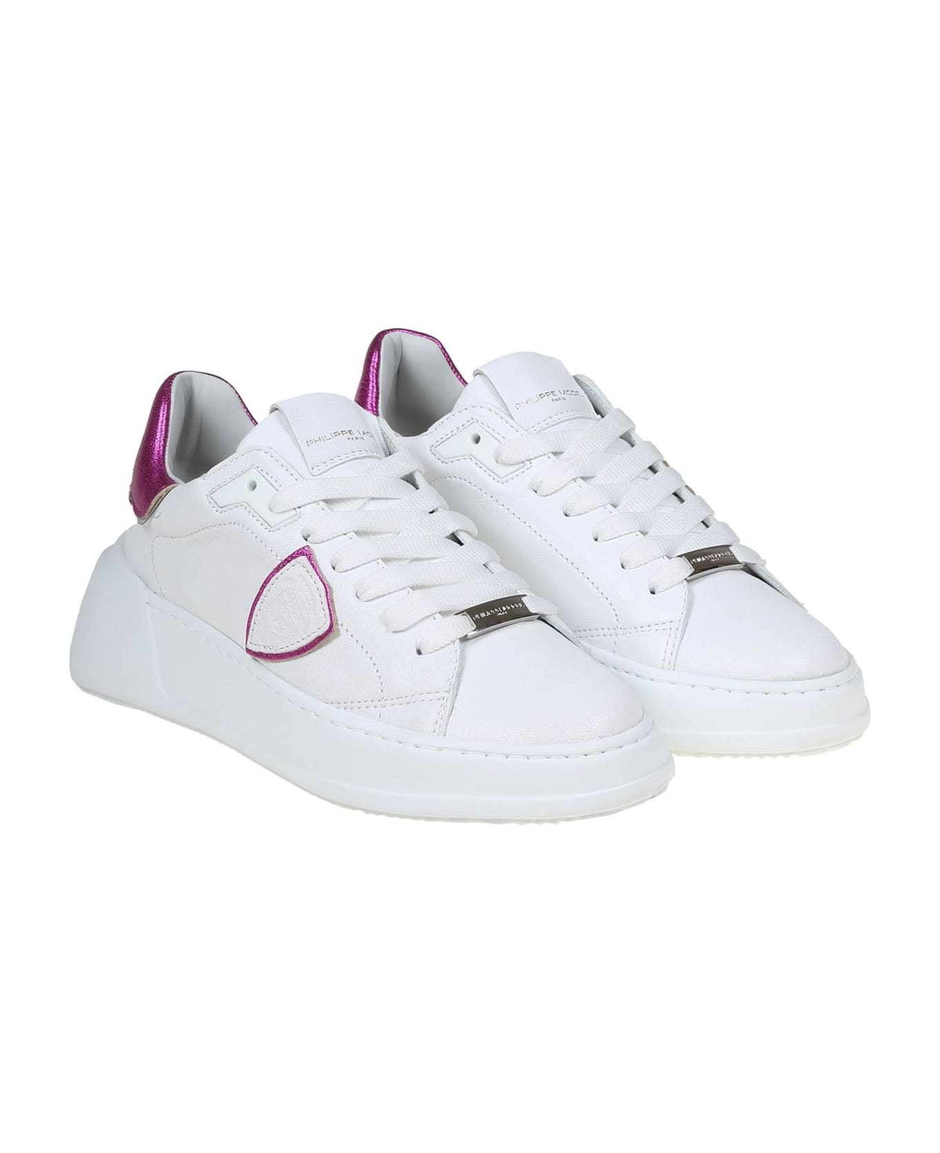 Philippe Model Tres Temple Low In White And Fuchsia Color Leather - Blanc/fucsia
