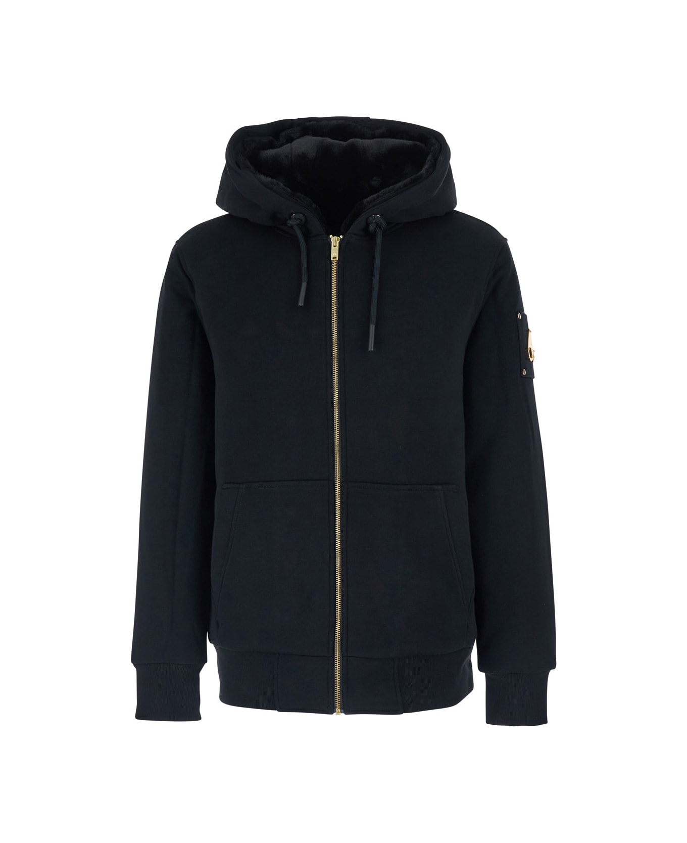 Moose Knuckles Black Hoodie With Logo Patch On Sleeve And Drawstring In Cotton Blend Man - Black