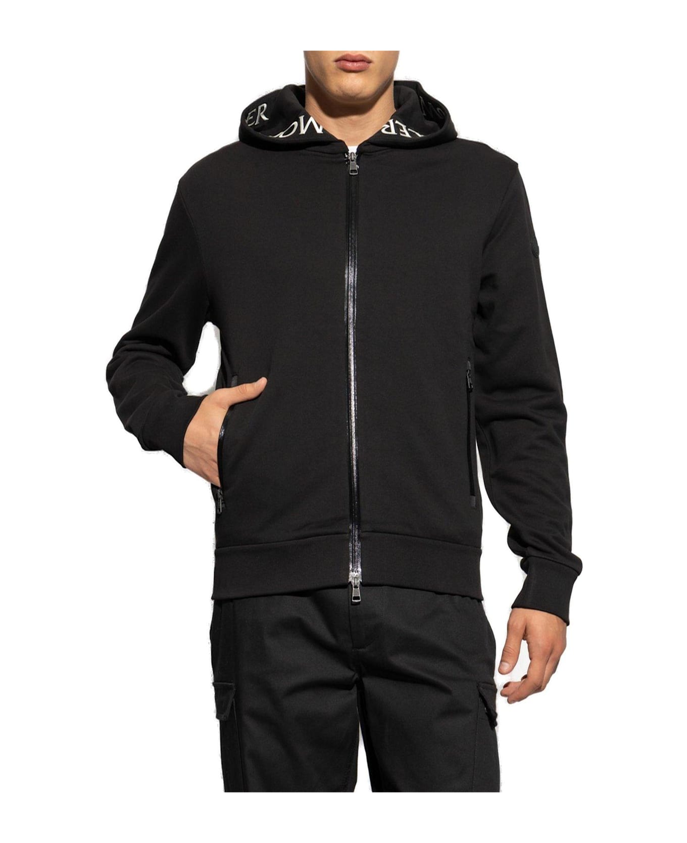 Moncler Logo Printed Zip-up Hoodie - Black