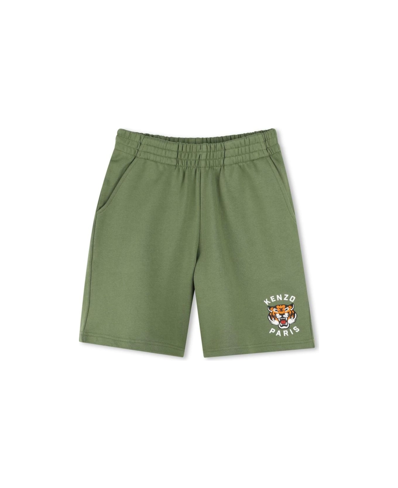 Kenzo Kids Green Bermuda Pants With Elastic Waist And Logo Print On The Front In Cotton Boy - Green