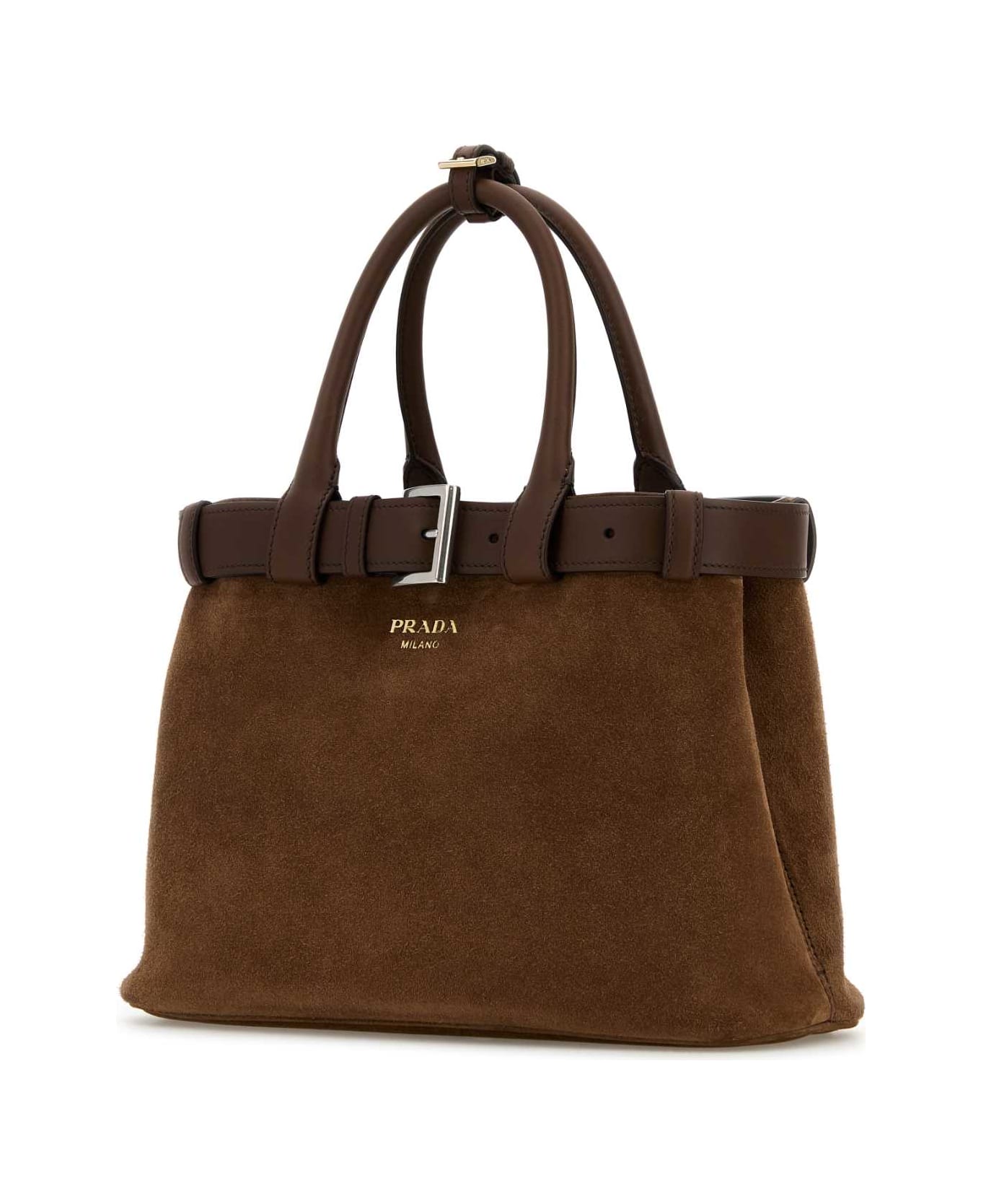 Prada Brown Suede Prada Buckle Medium Handbag - CACAO