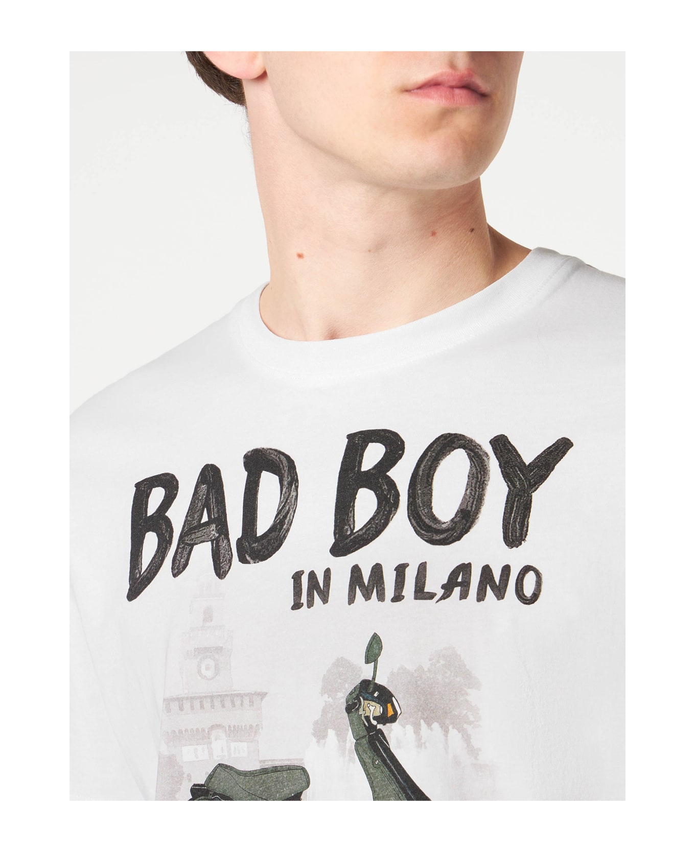 MC2 Saint Barth Man Cotton T-shirt With Bad Boy In Milano Print - WHITE