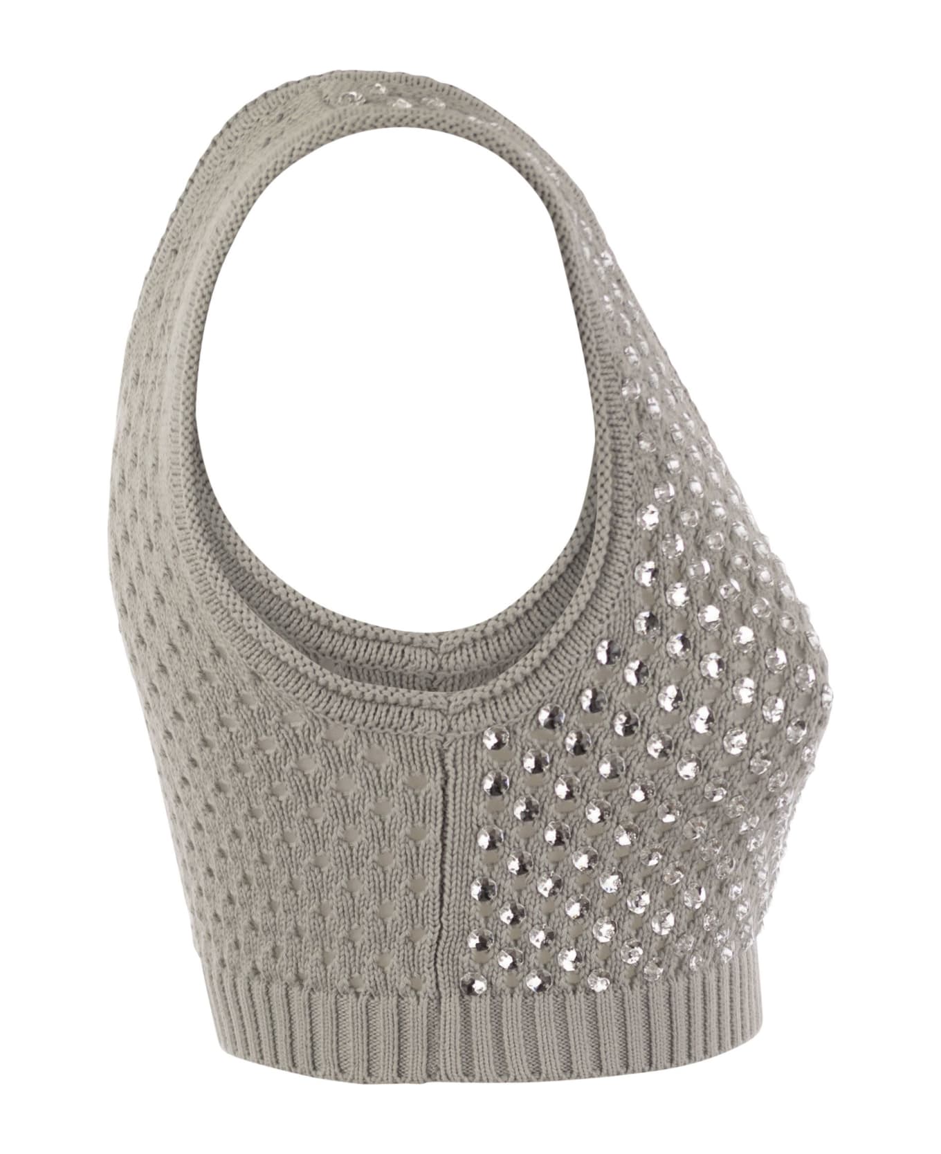 Elisabetta Franchi Gray Tricot Top With Strass - Pearl