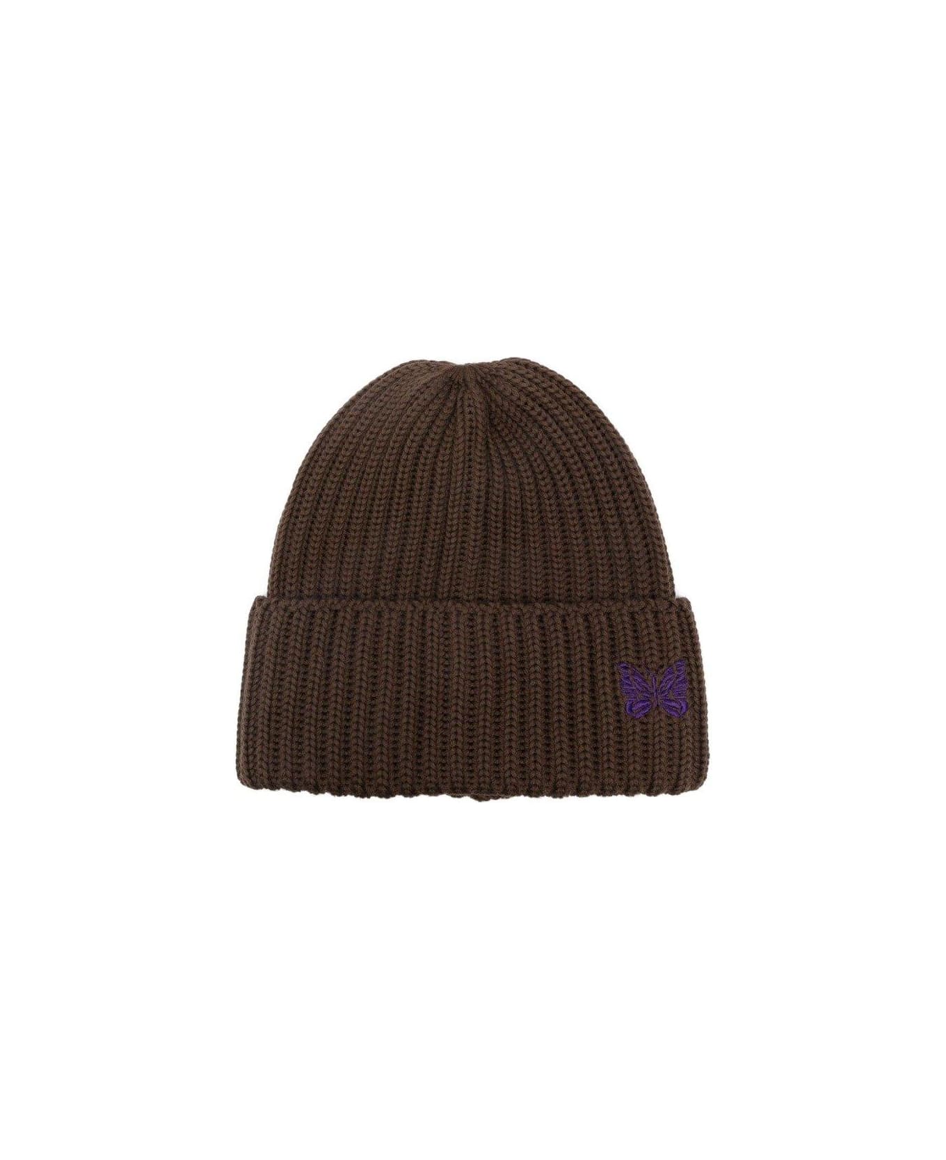 Needles Butterfly Logo Embroidered Knitted Beanie - Brown
