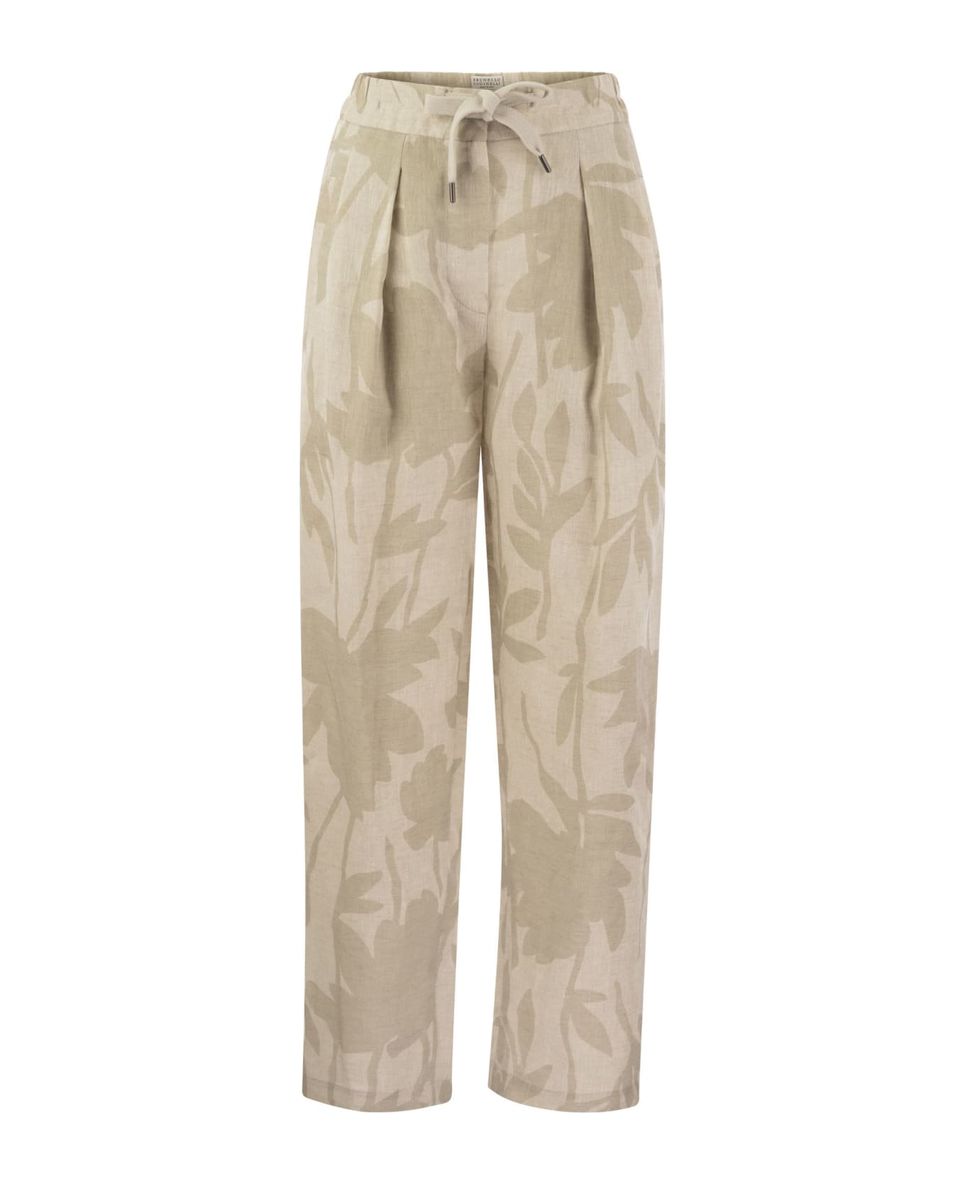 Brunello Cucinelli Ramage Print Linen Slouchy Trousers - Natural
