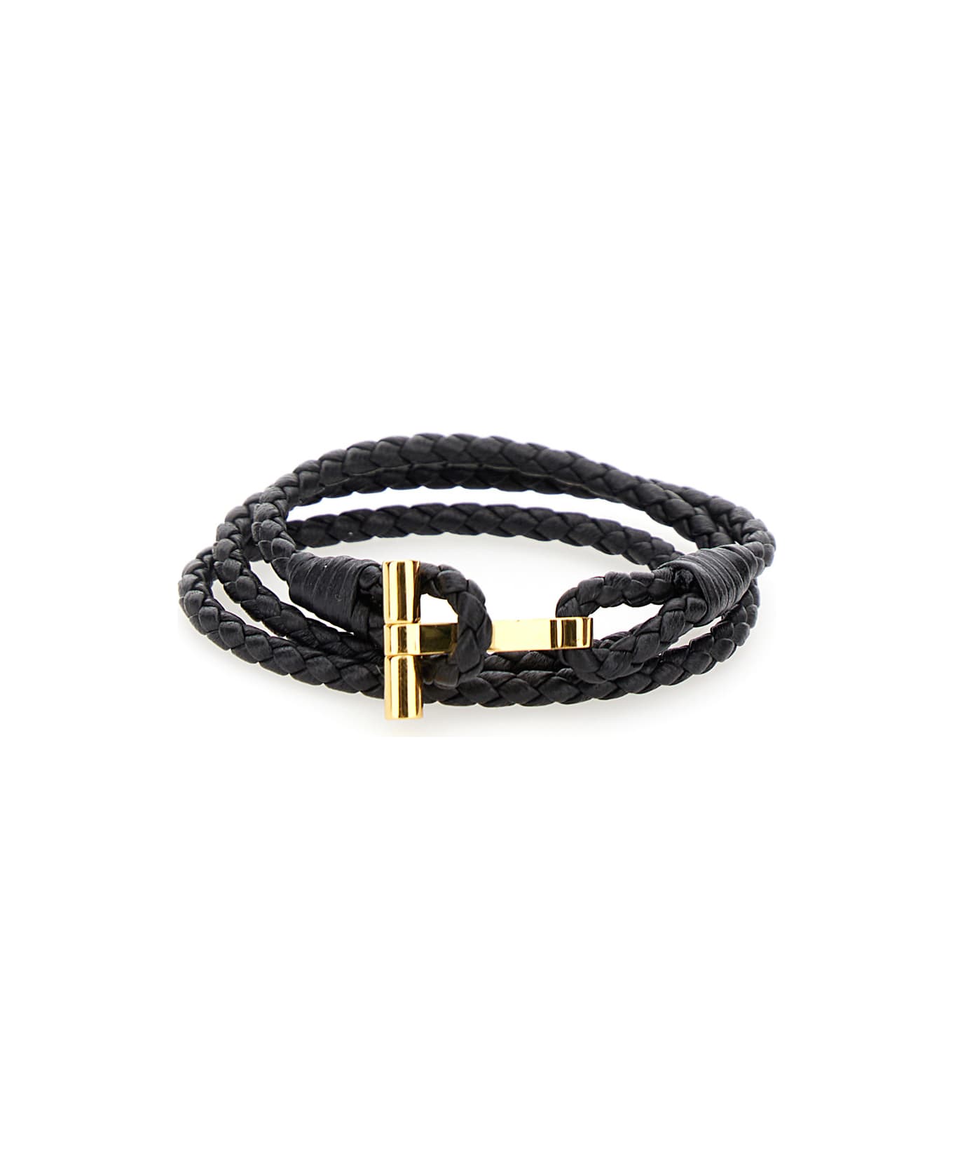 Tom Ford Black Bracelet With T Detail In Braided Leather Man - Black