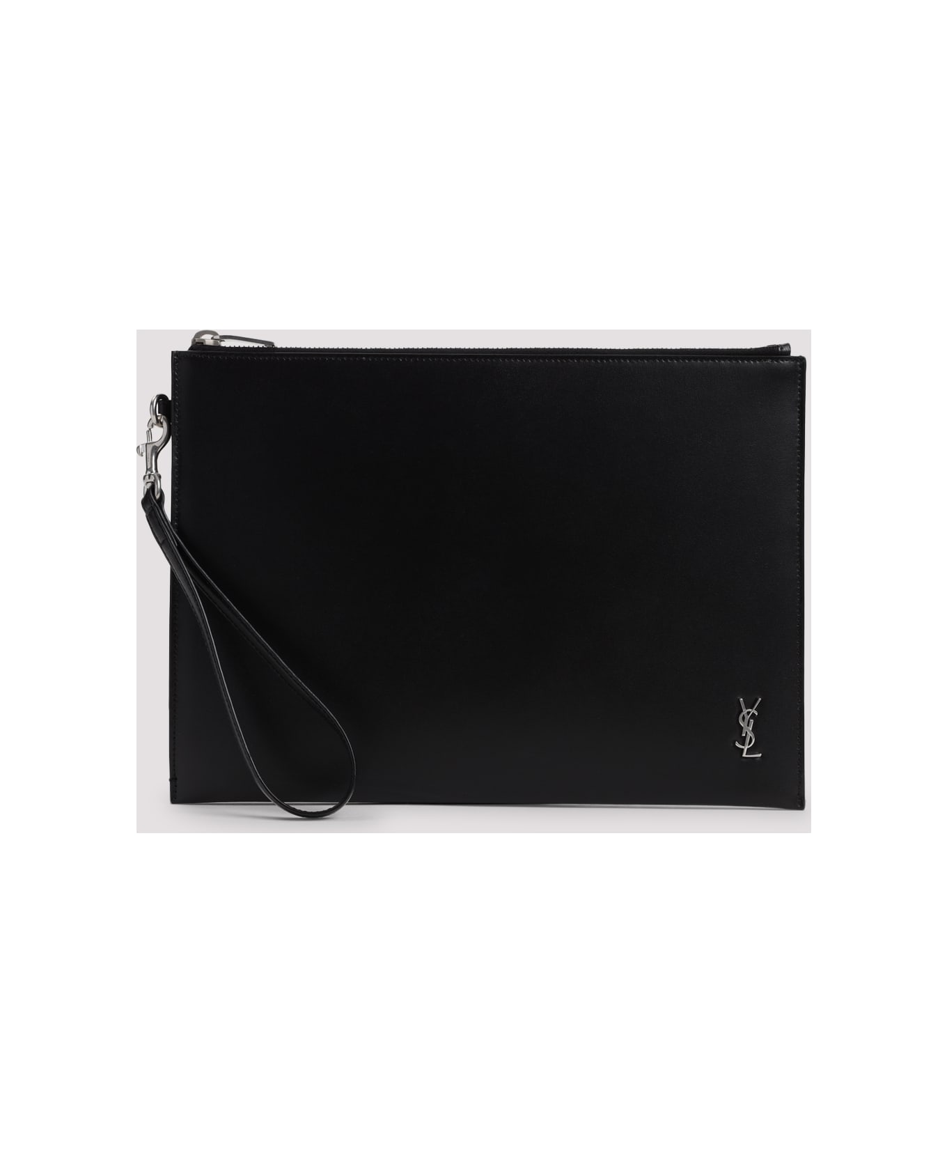 Saint Laurent Cassandre Tablet Holder In Shiny Leather With Zip - Nero