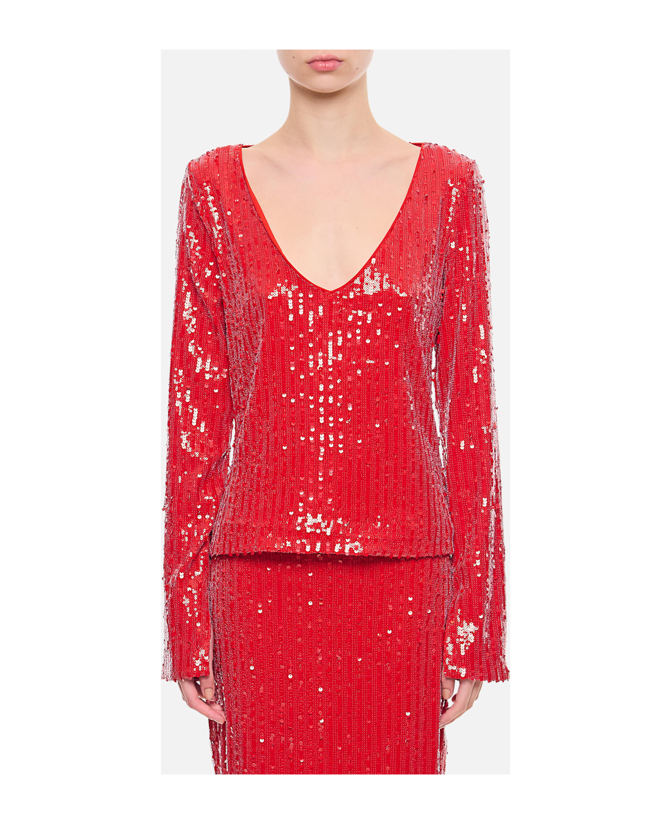 Rotate by Birger Christensen Sequins Ls V-neck Top - Red