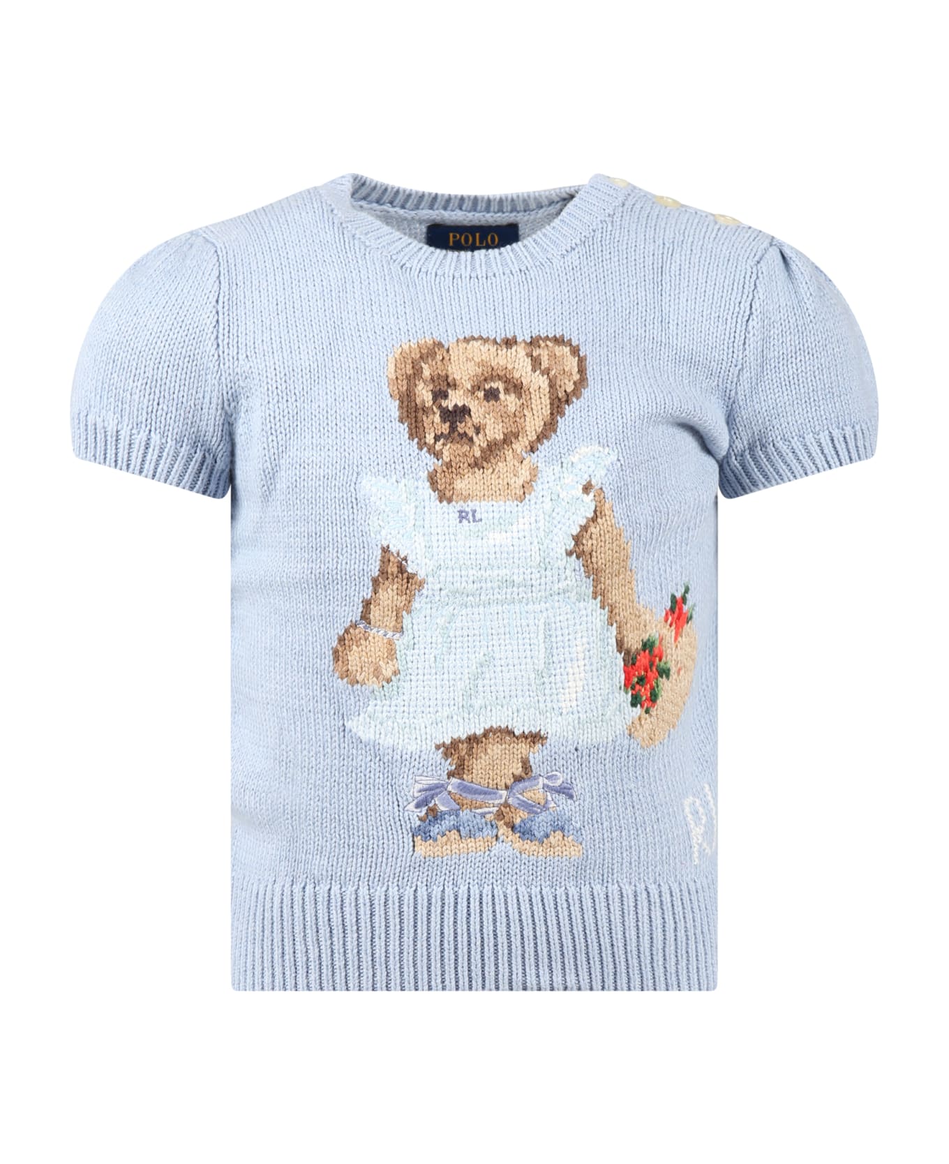 Ralph Lauren Light Blue Sweater For Girl With Bear And Logo - Light Blue