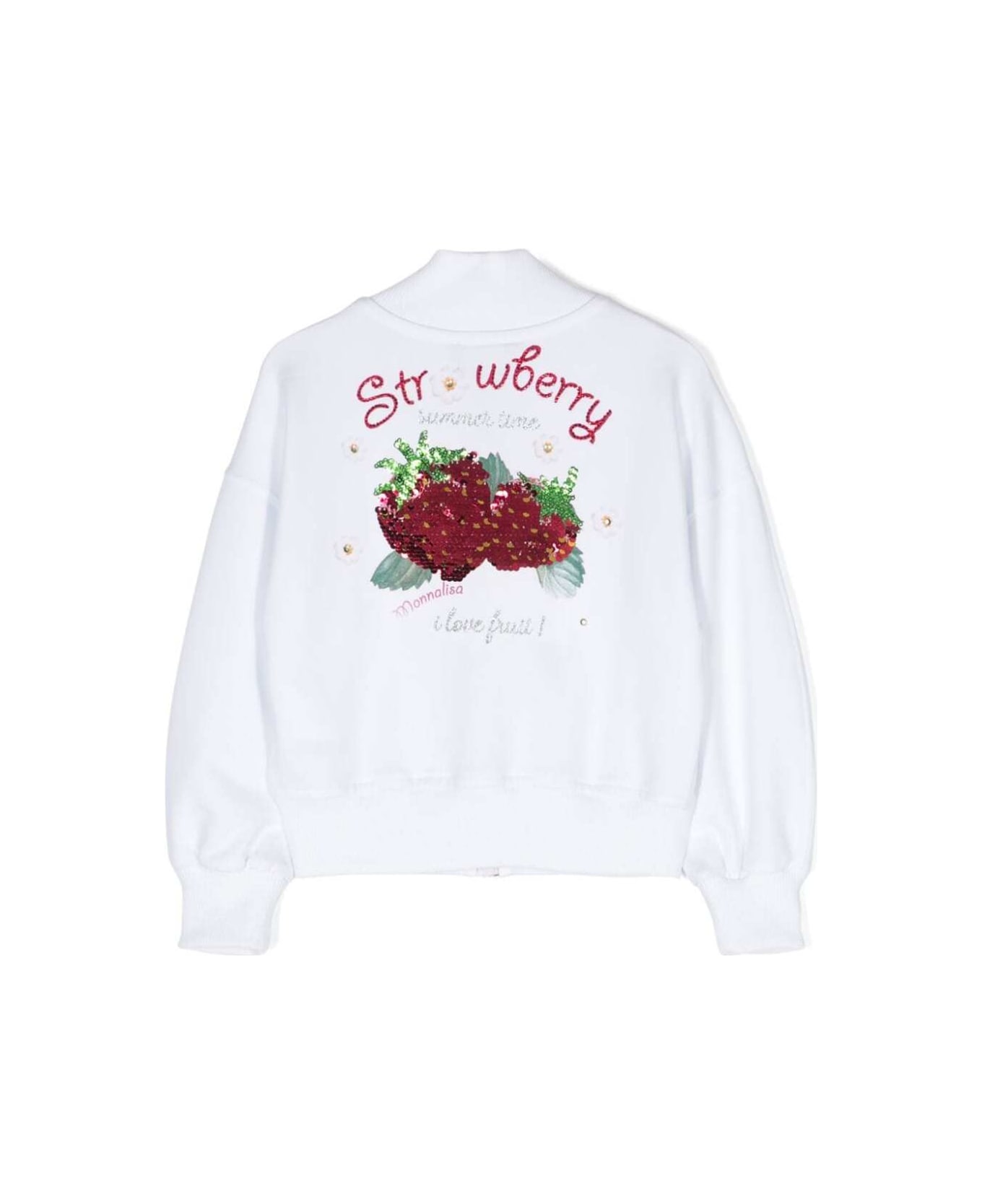 Monnalisa White Sweatshirt With Strawberry Detail At The Back In Stretch Cotton Girl - White