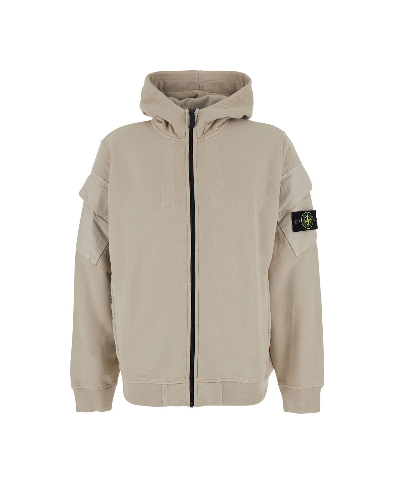 Stone Island Beige Sweatshirt With Fixed Hood And Logo Patch On The Sleeve In Cotton Man - Beige