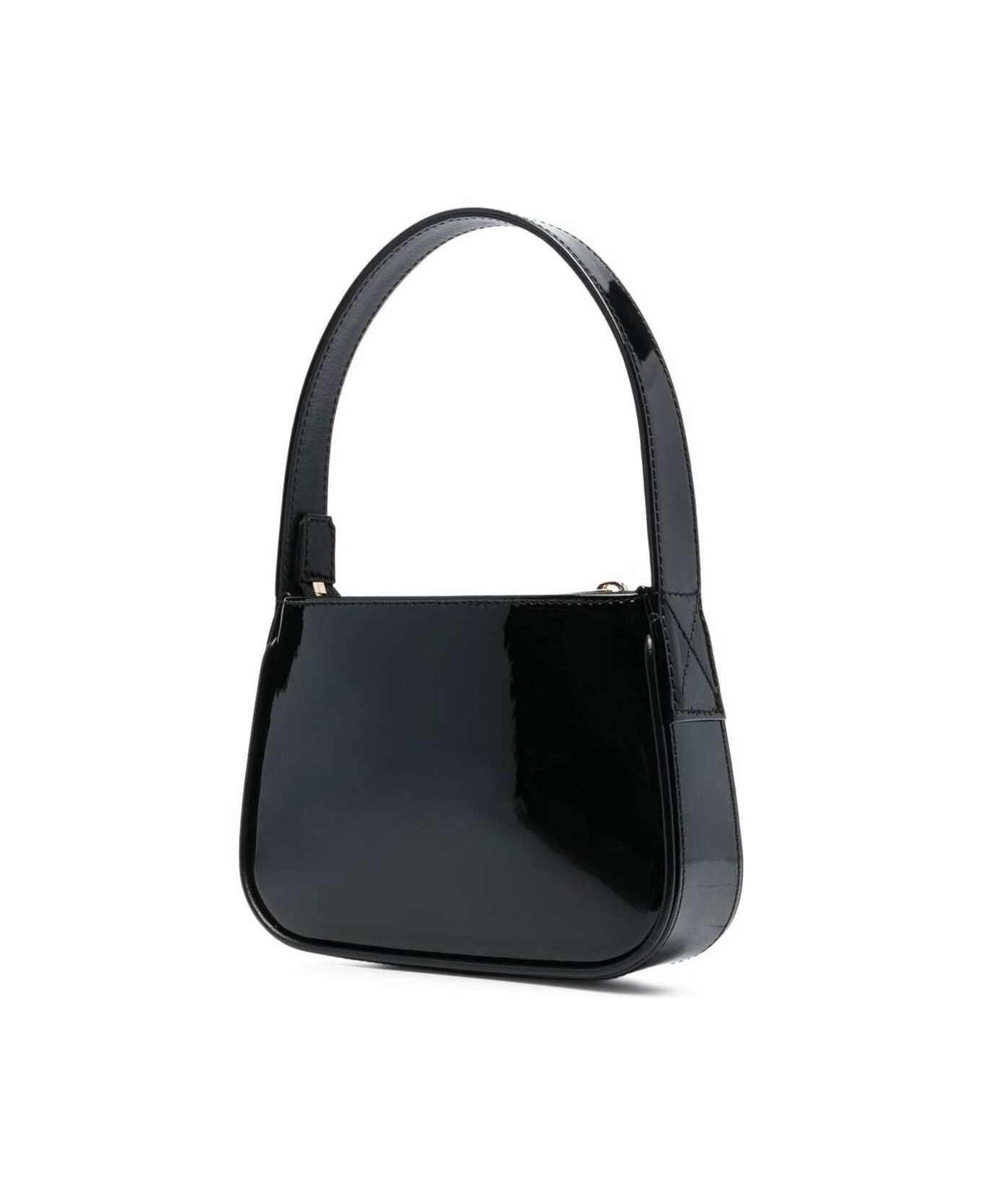 Blumarine Black Patent Finish Mini Bag With Rhinestone-embellished Logo In Calf Leather Woman - Black