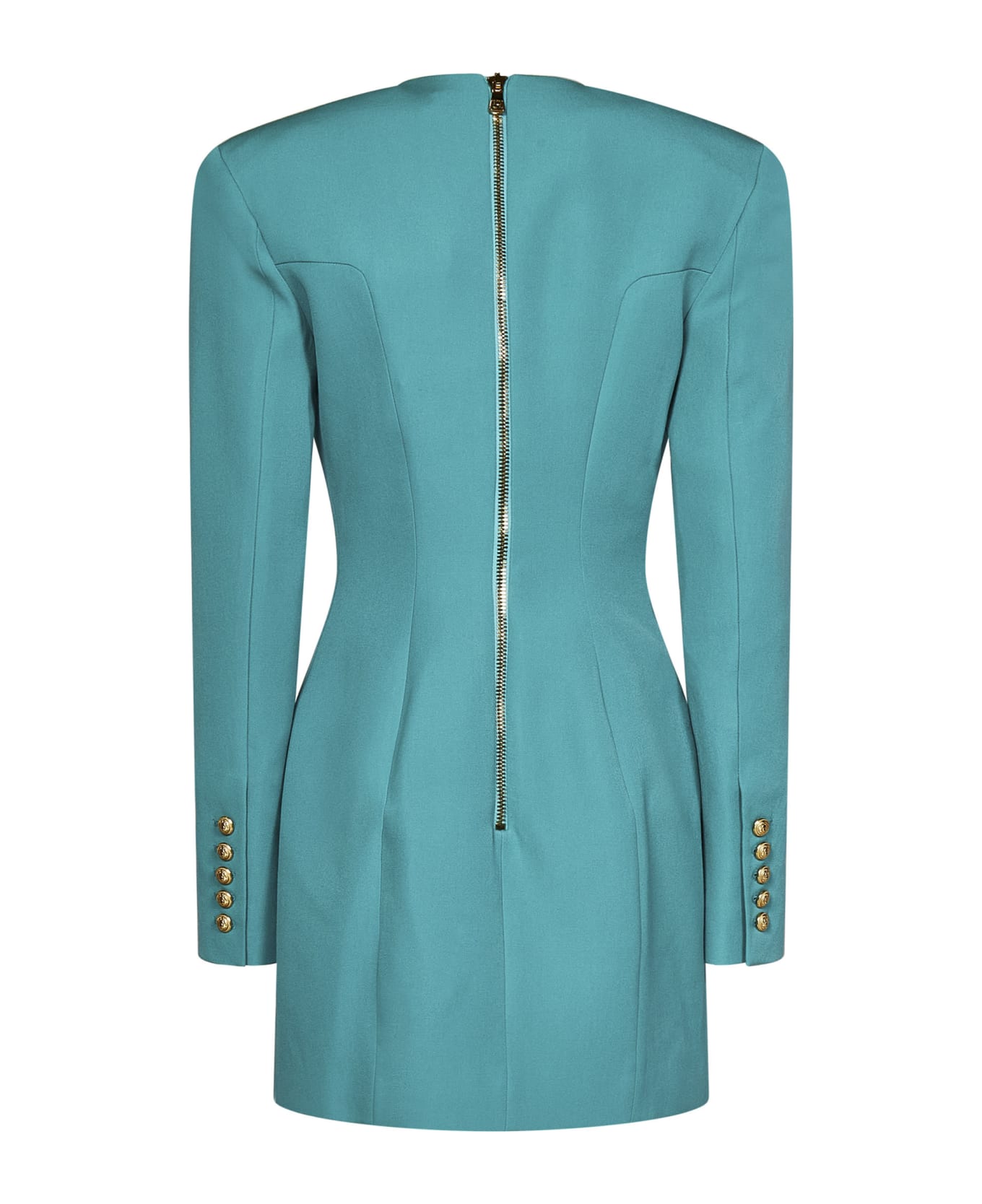 Balmain Light Blue Tailored Blazer Dress With Padded Shoulders In Wool Woman - Green