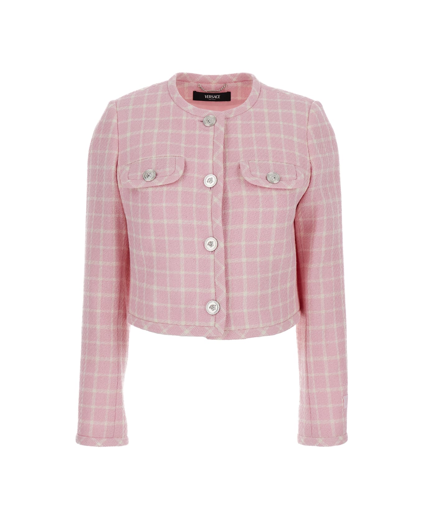 Versace Pink Checked Tweed Jacket With Medusa Head Buttons In Wool Blend Woman - Pink
