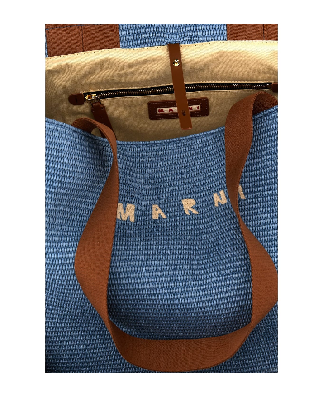 Marni Large Shopping Bag With Logo Embroidery - Light Blue トートバッグ