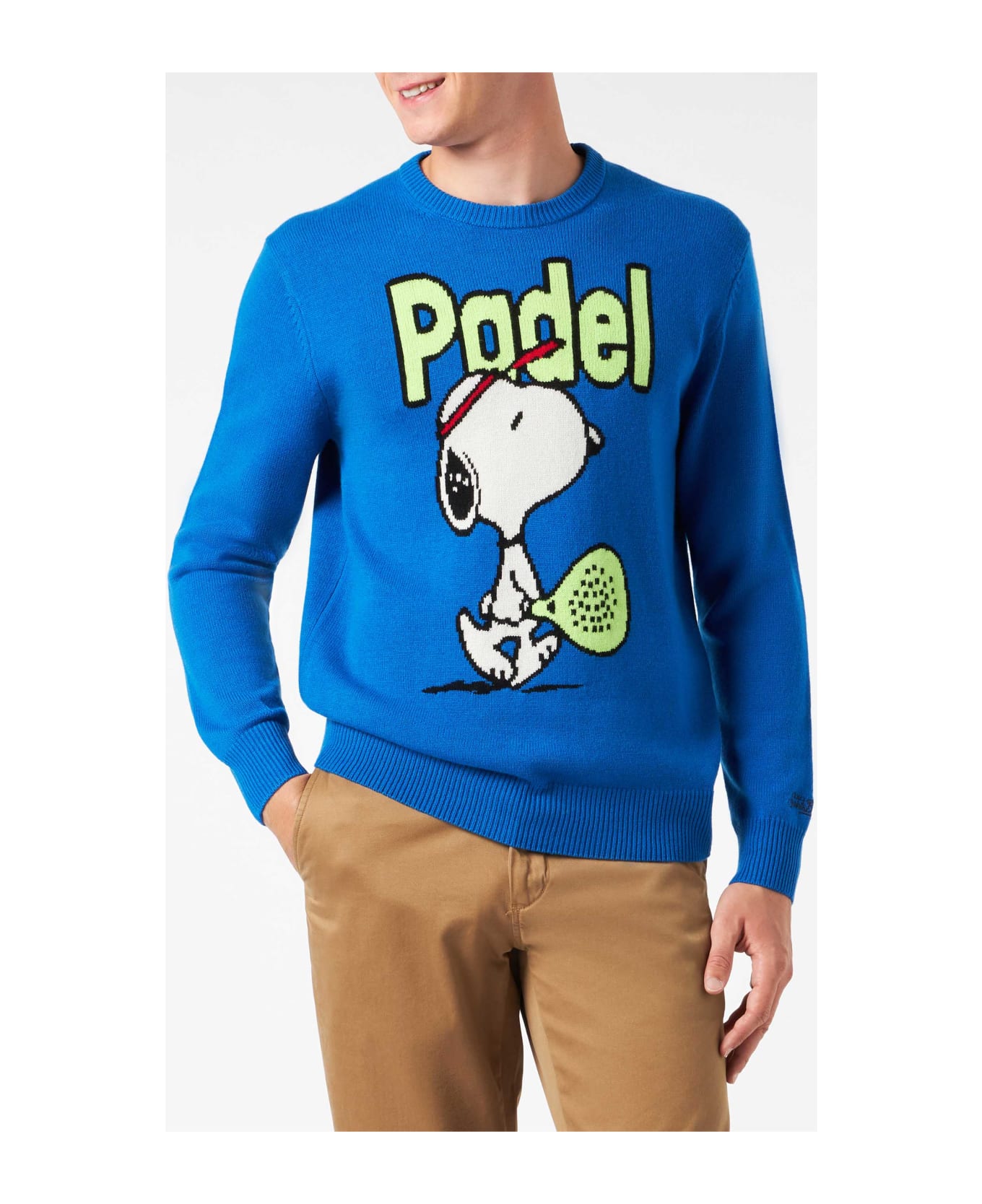 MC2 Saint Barth Man Crewneck Sweater With Snoopy Padel Jacquard | Snoopy - ©peanuts Special Edition - BLUE