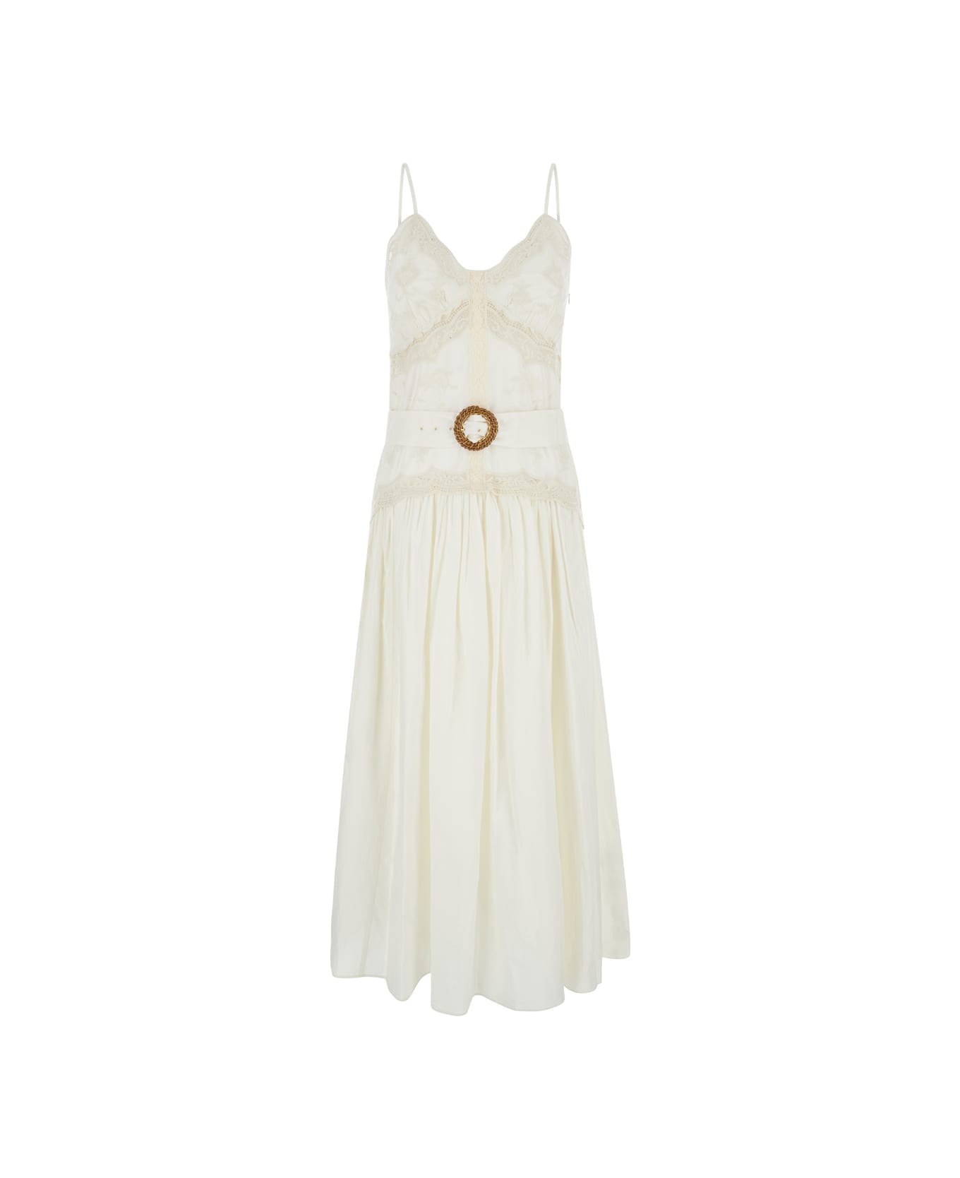 TwinSet Long Cream White Dress With Embroideries And Matching Belt In Cotton Woman - White