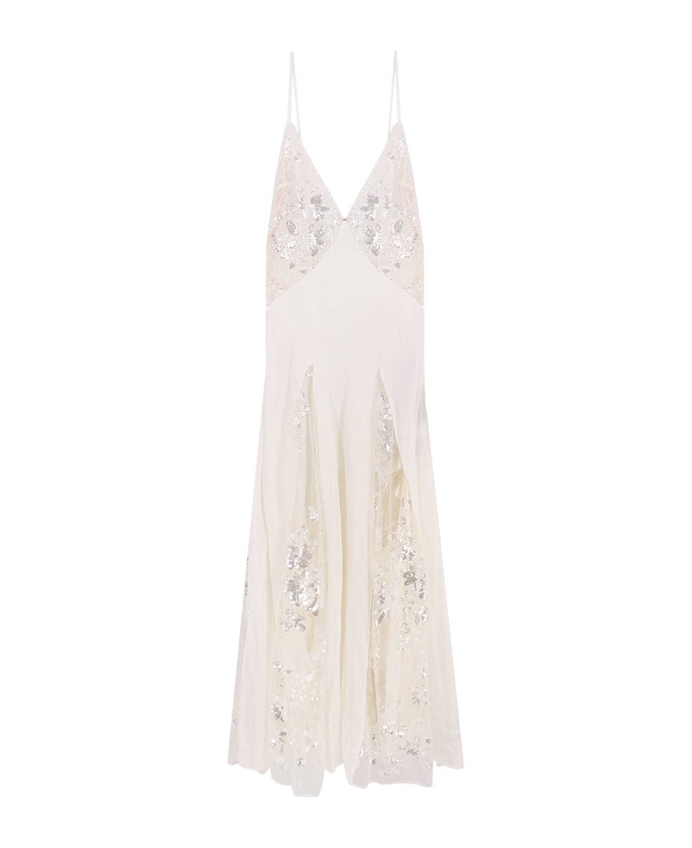 Elisabetta Franchi Red Carpet Dress In Silk Georgette Fabric And Embroidered Lace - White