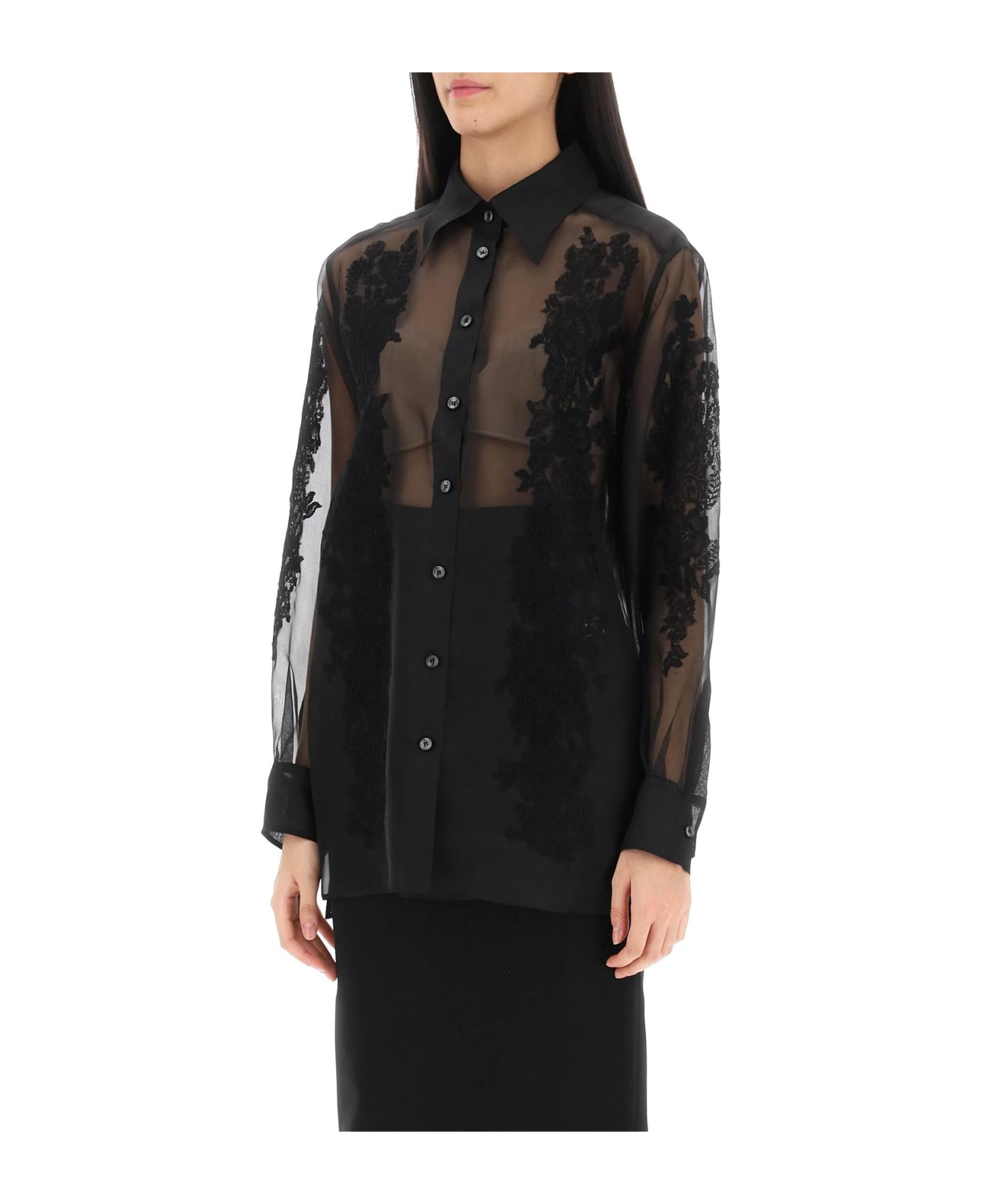 Dolce & Gabbana Organza Shirt With Lace Inserts - NERO (Black) シャツ