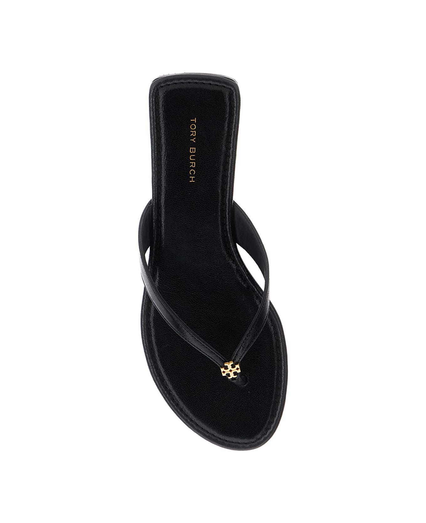 Tory Burch 'classic' Black Flip Flop Sandals With Logo Plaque And Thong Strap In Leather Woman - Black