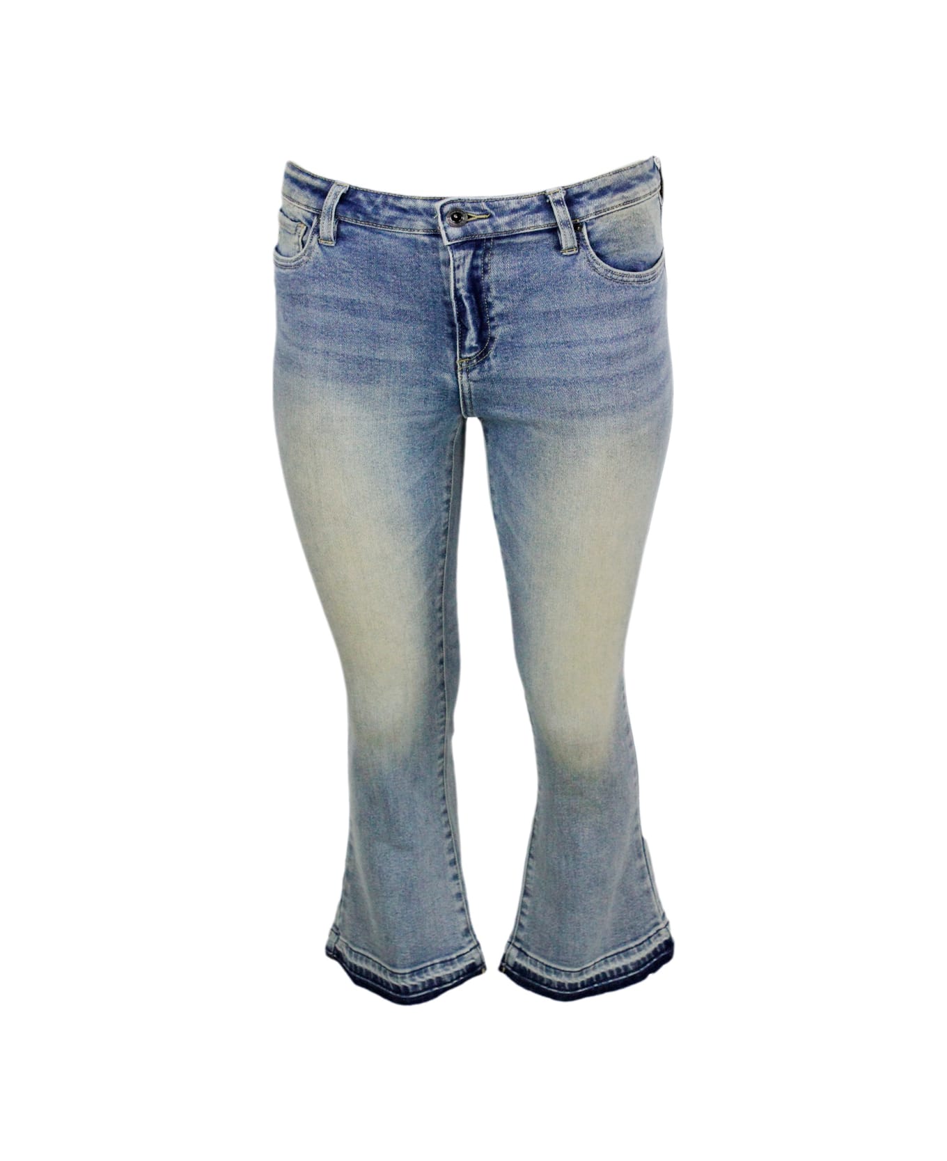 Armani Collezioni Stretch Jeans In Vintage Effect Denim Flare Capri Model With Fringed Trumpet Bottom. - Denim
