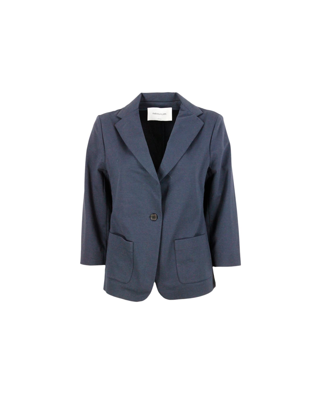 Fabiana Filippi Single-breasted Blazer Jacket In Stretch Cotton Jersey With Three-quarter Sleeves Embellished With Sparkling Monili On The Neck - Blu