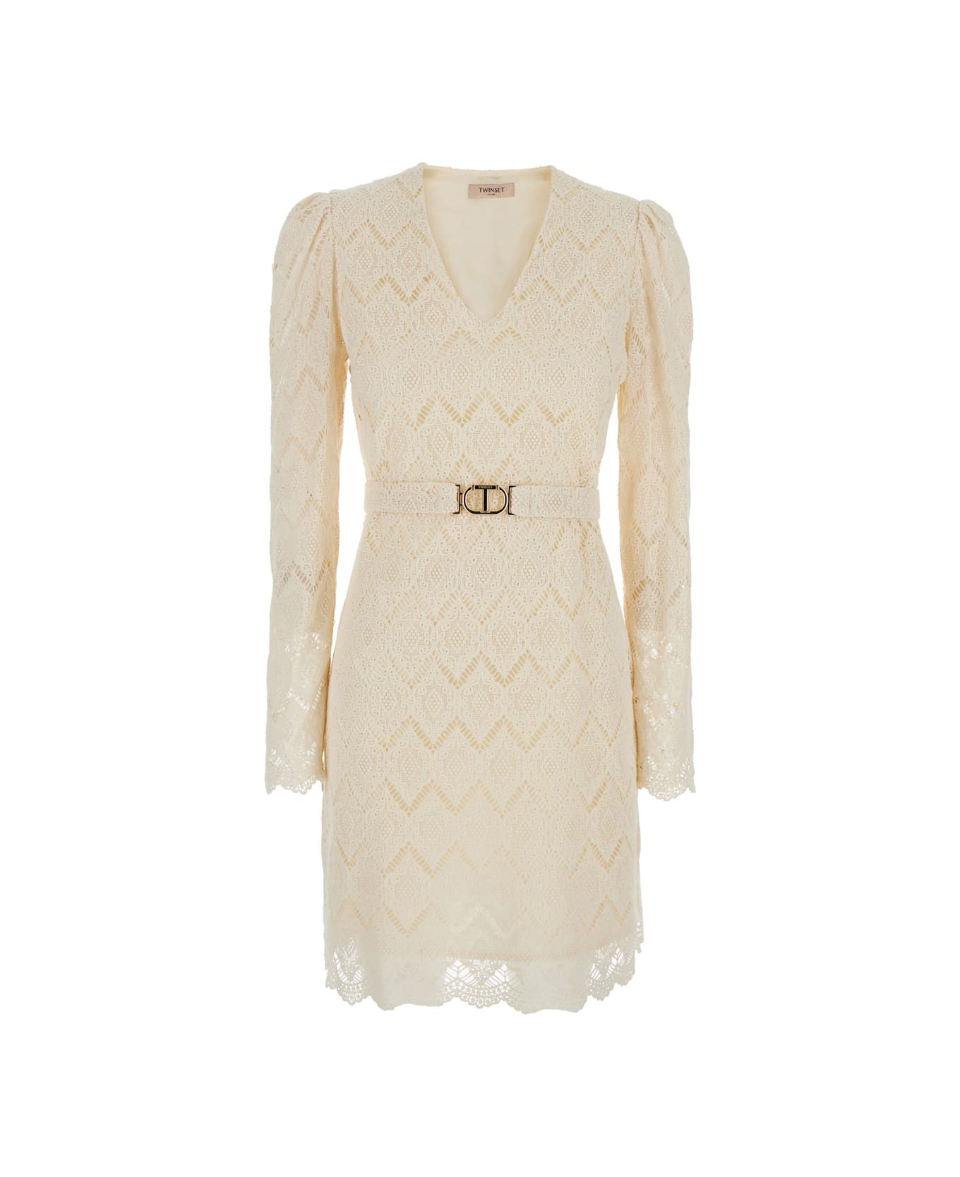 TwinSet Beige Dress With Metallic Logo Plaque And Waist Belt In Macramé Cotton Woman - NEUTRALS