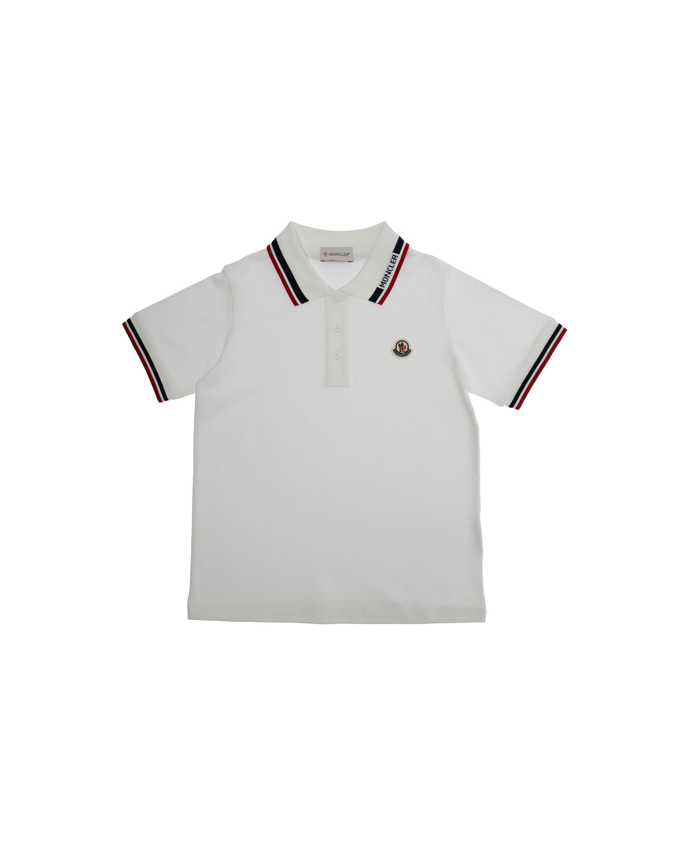 Moncler White Polo With Lettering Logo On The Collar And Logo Patch On The Chest In Cotton Boy - White