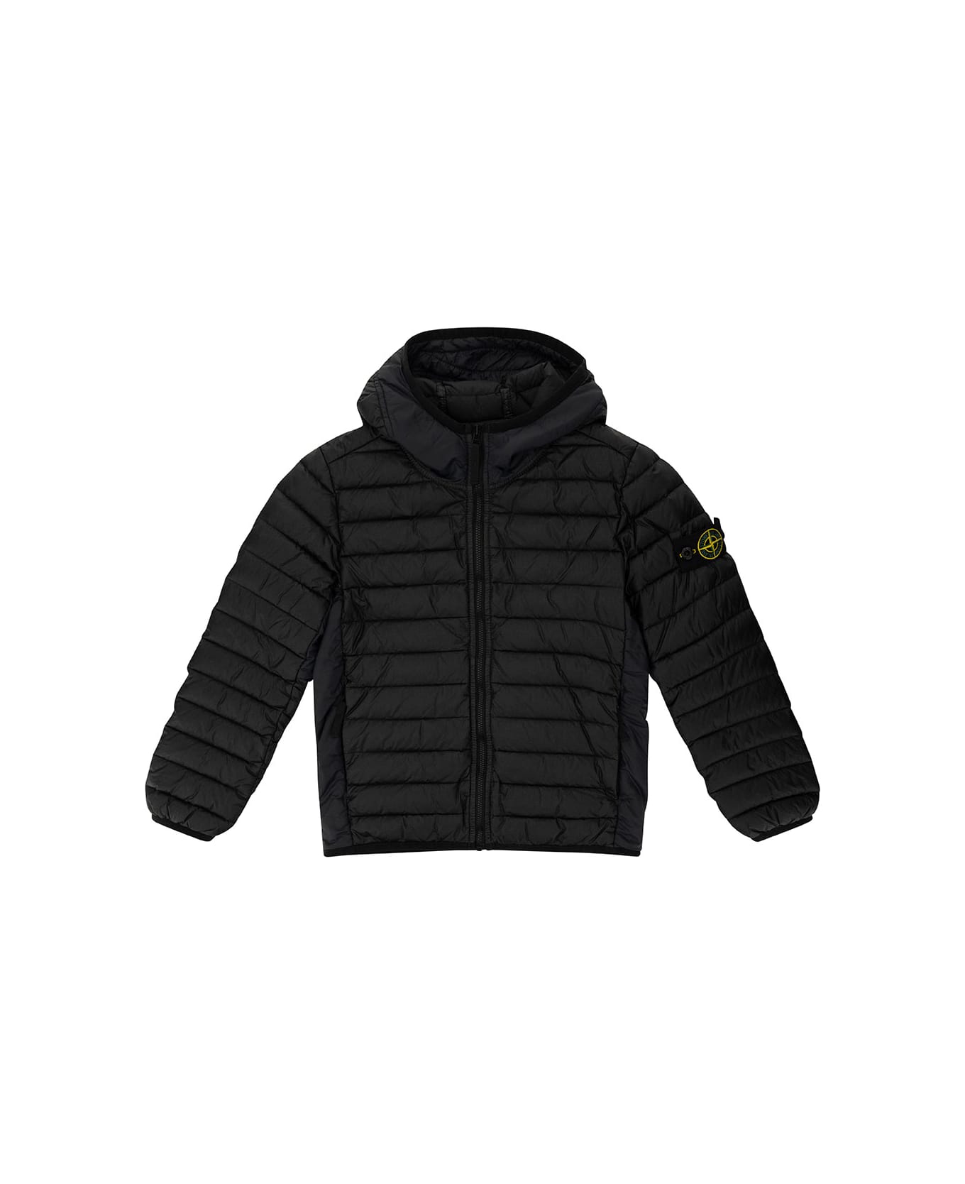 Stone Island Junior Black Down Jacket With Hood And Logo Patch In Polyamide Boy - Black