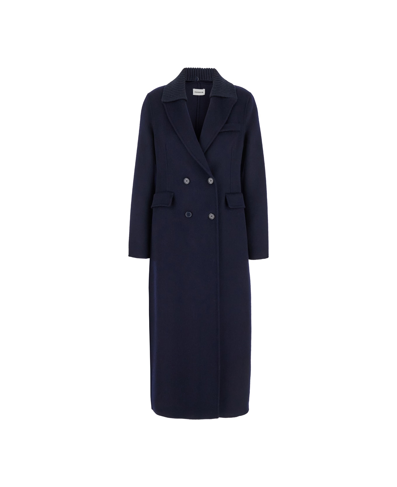 Parosh Long Blue Double-breasted Coat With Ribbed Revers In Wool Woman - Blu