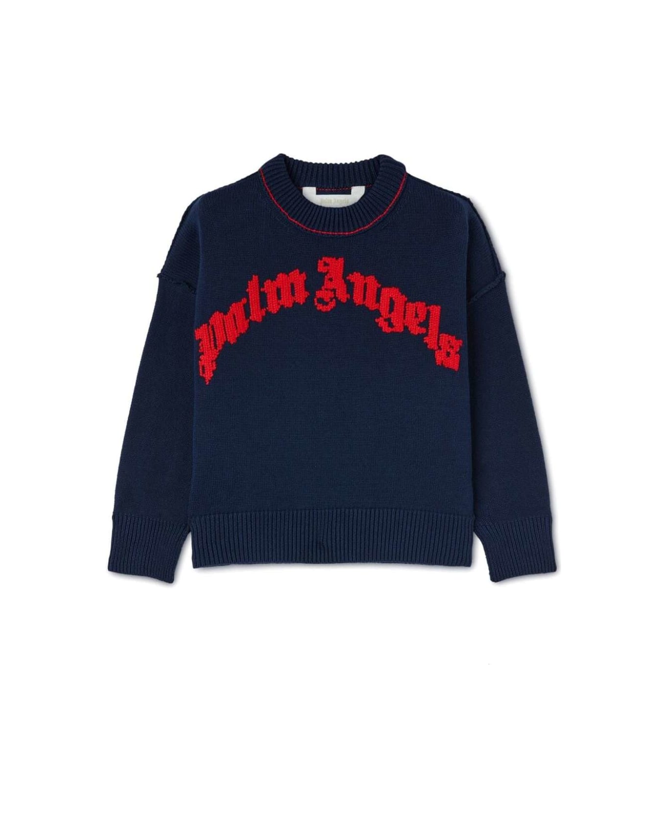 Palm Angels Curved Logo Knit Crew Navy Blue Red - Blu