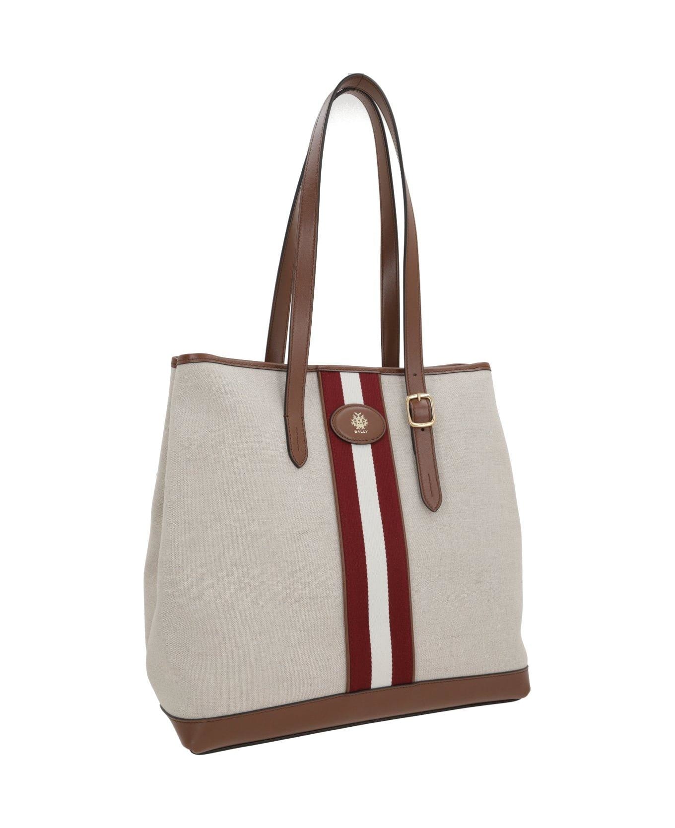 Bally Logo Patch Striped Top Handle Bag - Ecru