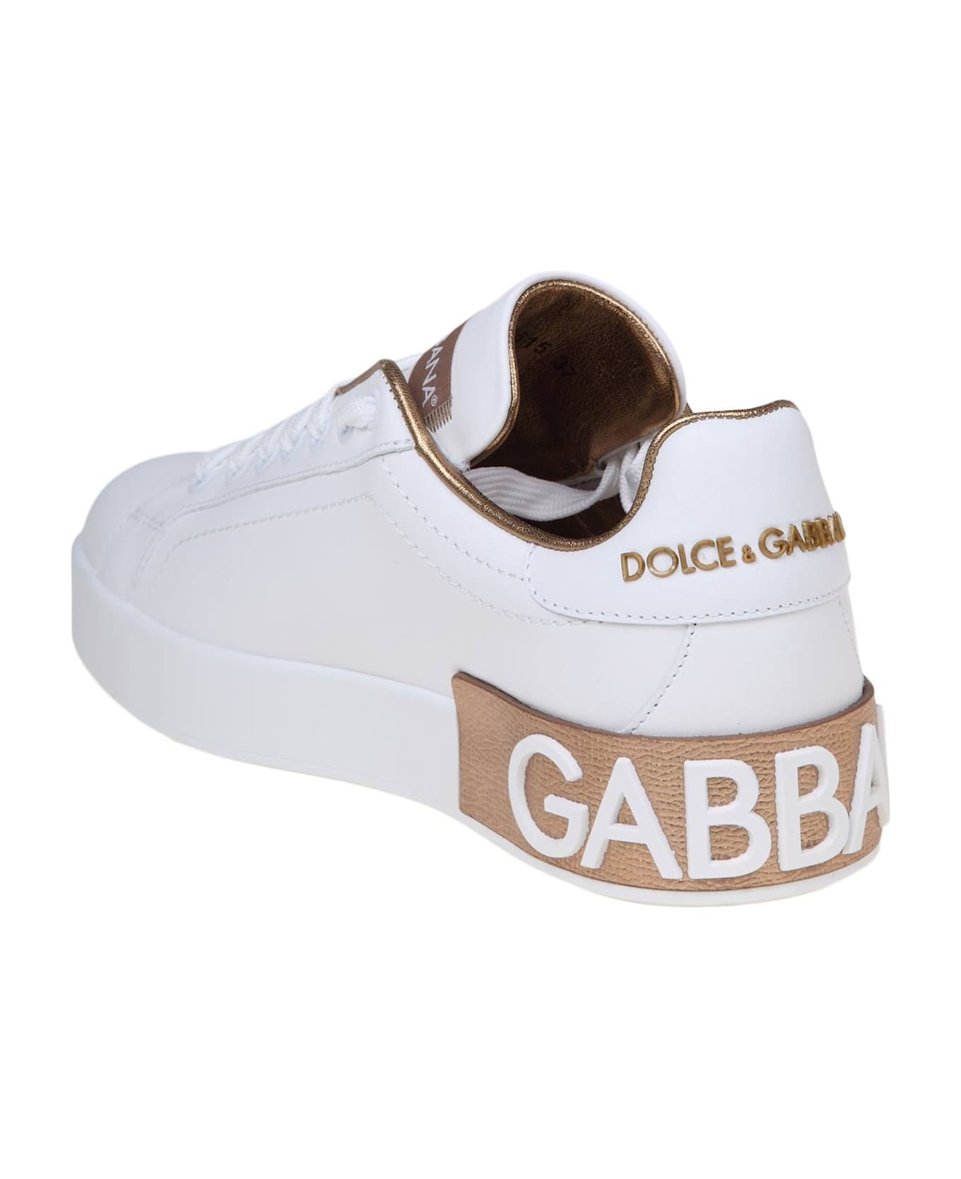 Dolce & Gabbana Portofino Sneakers In White And Gold Leather - POWDER GOLD