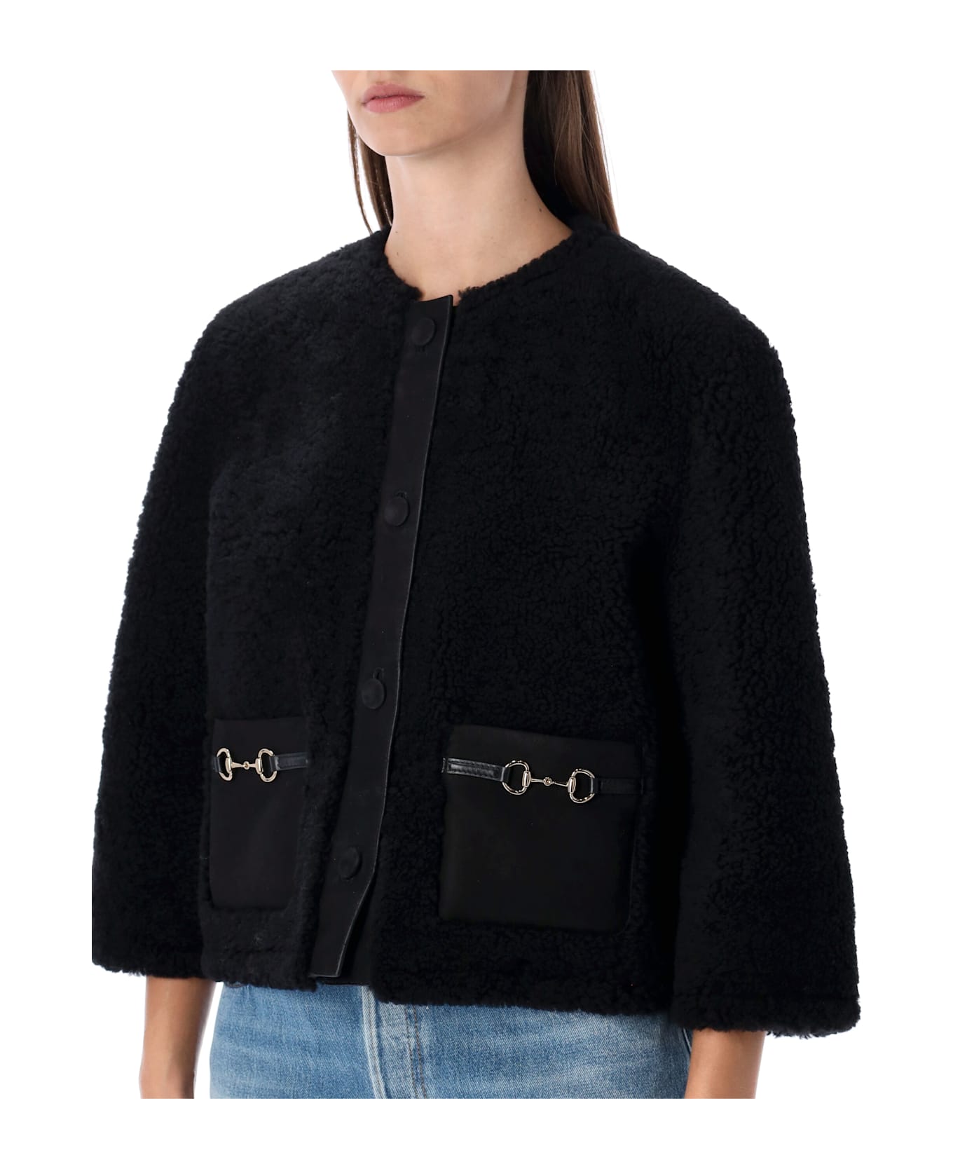 Gucci Shearling Jacket With Horsebit Details - BLACK