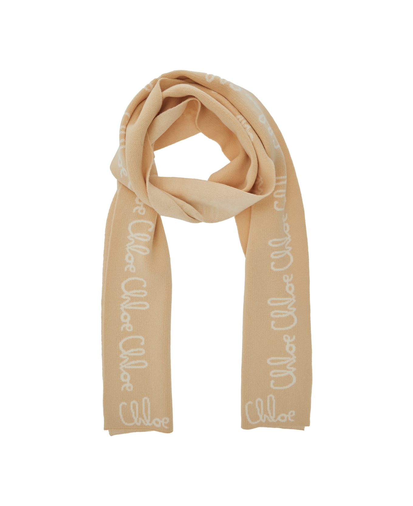 Chloé Beige Scarf With Logo Lettering In Cotton Blend Girl - Beige