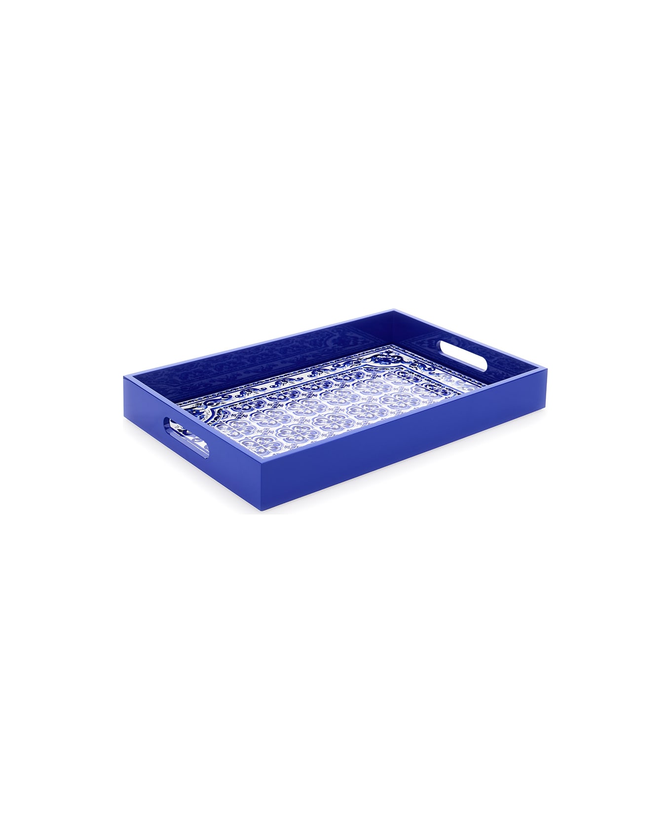 Dolce & Gabbana Blue And White Rectangular Tray With Blu Mediterraneo Print In Lacquered Wood - Blu トレー